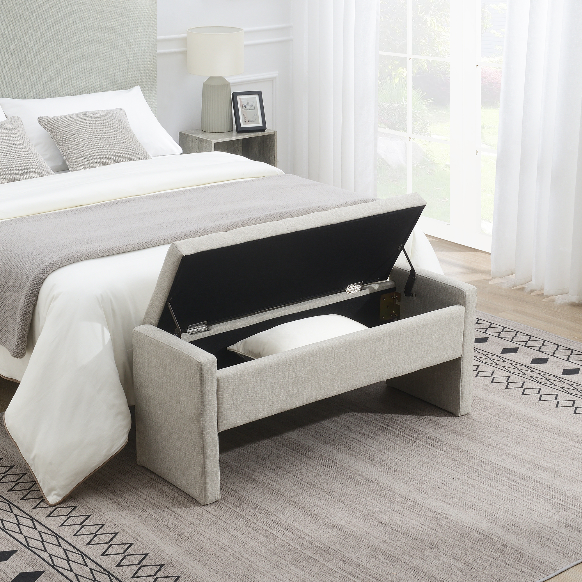Modern Bed End Bench With Storage,Upholstered Large Foot Rest Stool, Comfy Window Vanity Bench For Living Room,Bedroom,Dorm,Coffee Table,Linen Light Grey_maomaolike.com