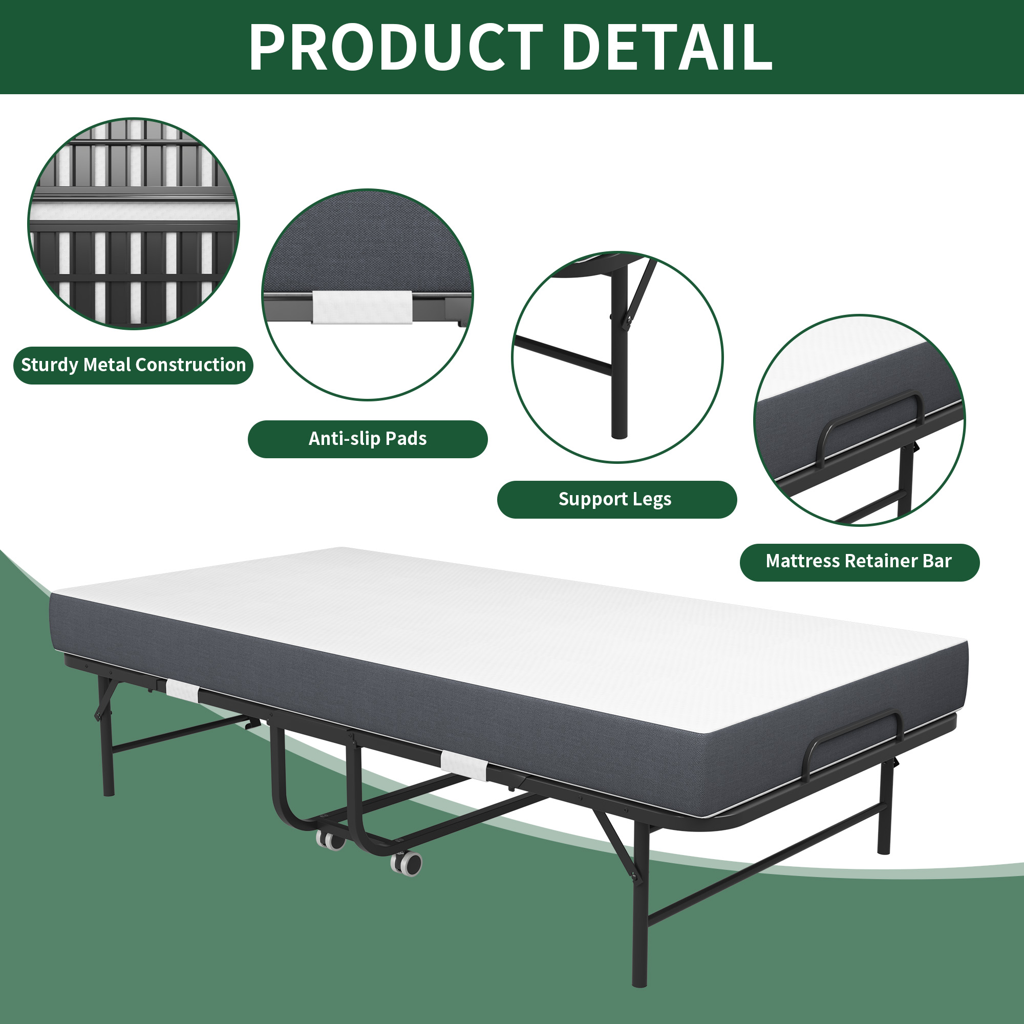 75  X 38  Inch Extra Long Folding Bed For Tall People, Heavy-Duty 450lbs Capacity Rollaway Guest Bed With 5  Memory Foam Mattress, Portable Space Saving Twin Size Bed