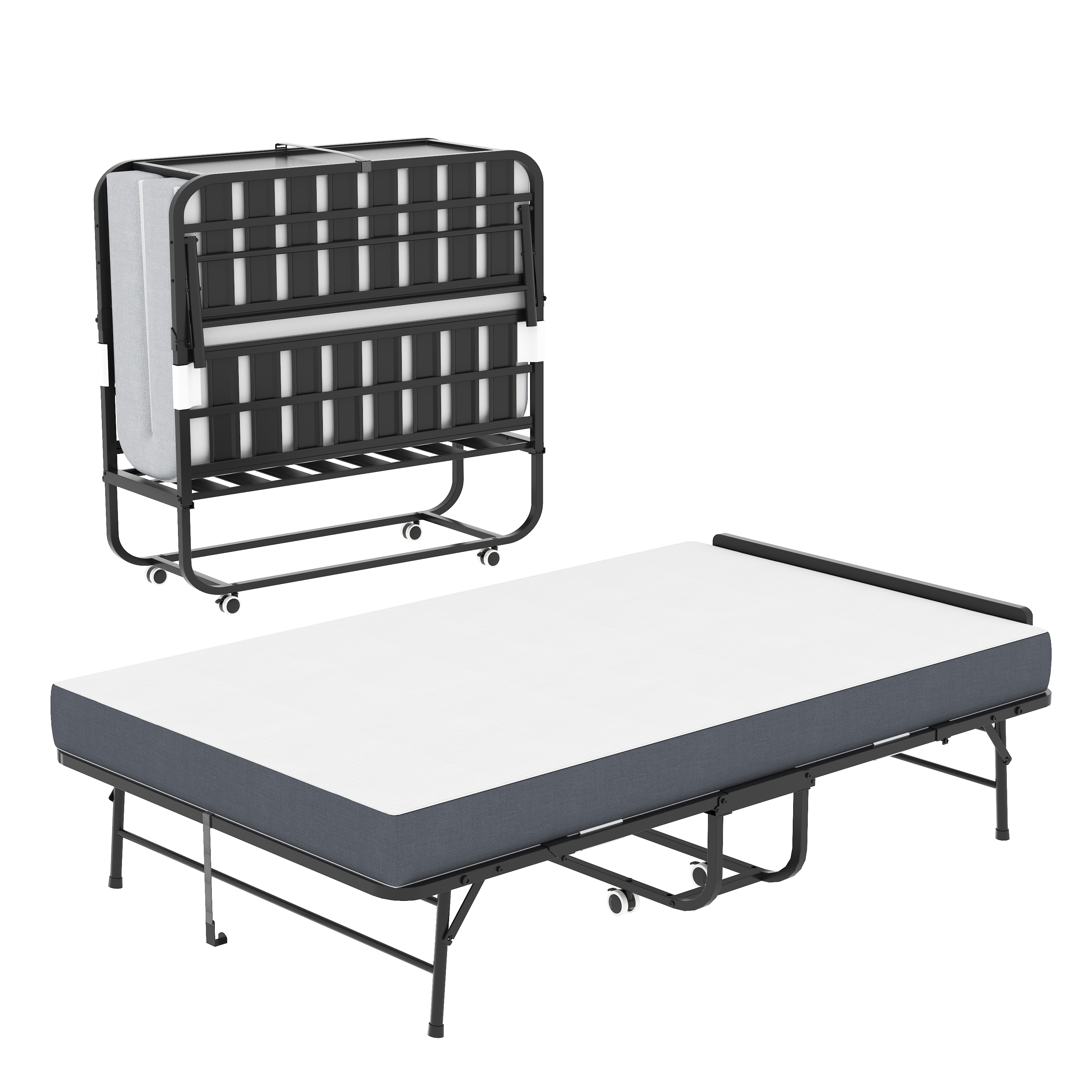 75 X46  Wide Folding Bed With Adjustable Headboard, Extra Long Rollaway Bed For Tall People, 5  Memory Foam Mattress, Heavy-Duty Guest Bed On Wheels, Spacious Twin Cot