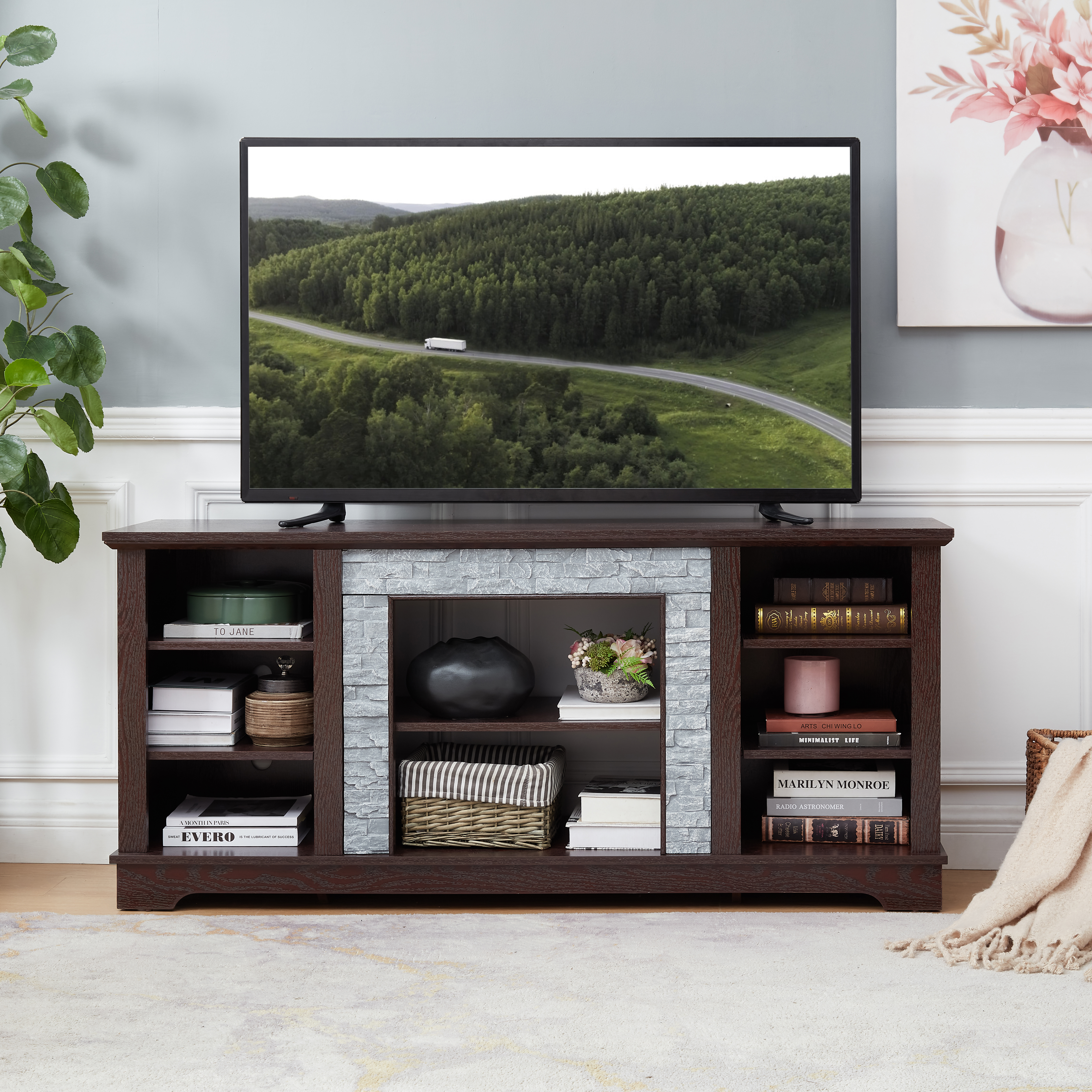 TV Media Stand With With Faux Stacked Stone Surround, Modern Entertainment Console With Open Storage Space, Cherry, 58.31 Wx15.39 Dx26.06 H