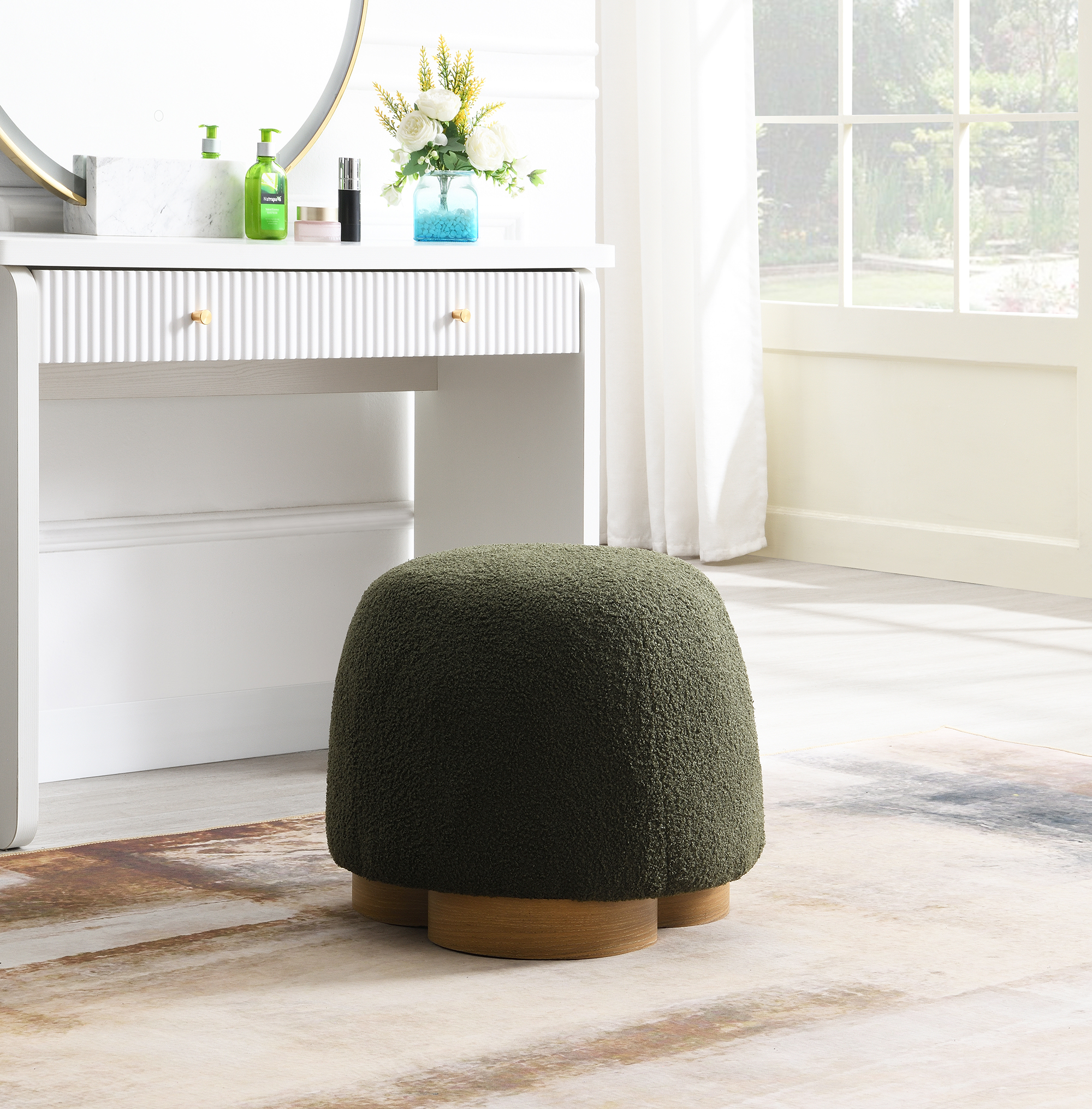 Fully Assembled Round Soft Teddy Fabric Upholstered Ottoman, Footstool With Soft Padded Seat, Fully Assembled Modern Sofa Couch Footrest, Extra Seating For Bedroom Entryway, Olive Green