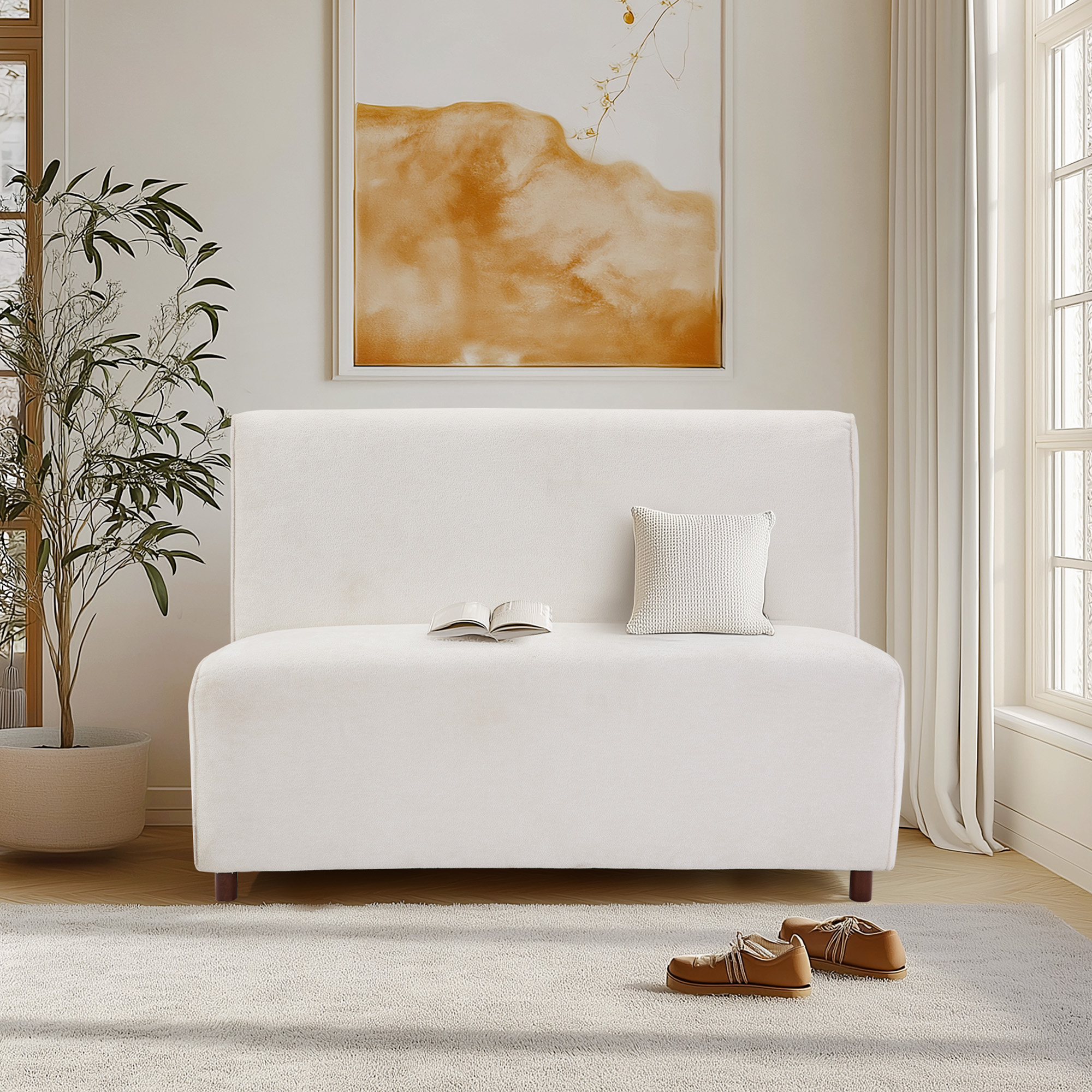 49 Beige Boucle Cover Fabric Loveseat - 25D High-Density Sponge Cushion, Light Brown Legs , Modern Sofa For Living Room
