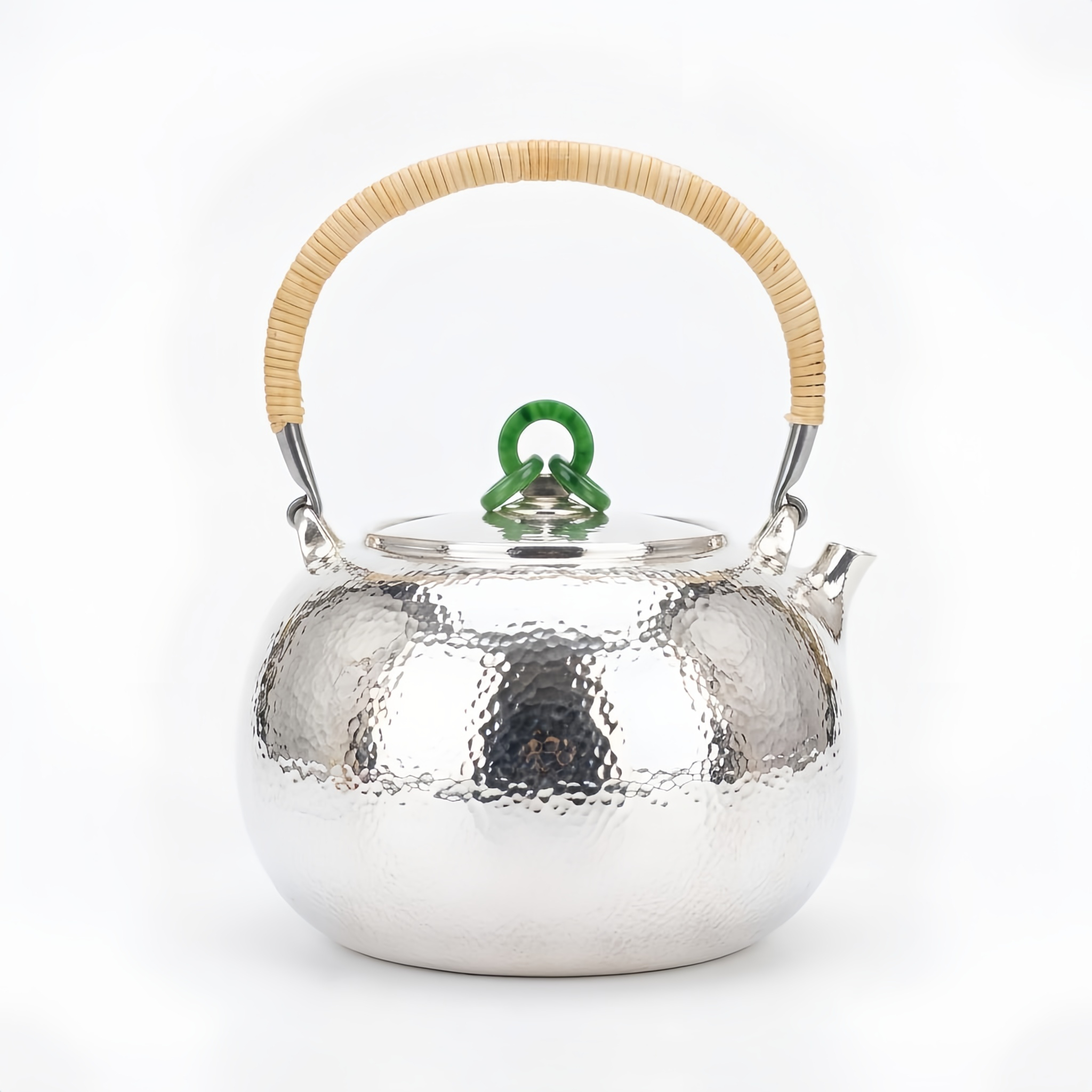 Pure 999 Fine Silver Handcrafted Hammered Silver Teapot Featuring Rattan Handle and Green Jade Finial - Handicraft