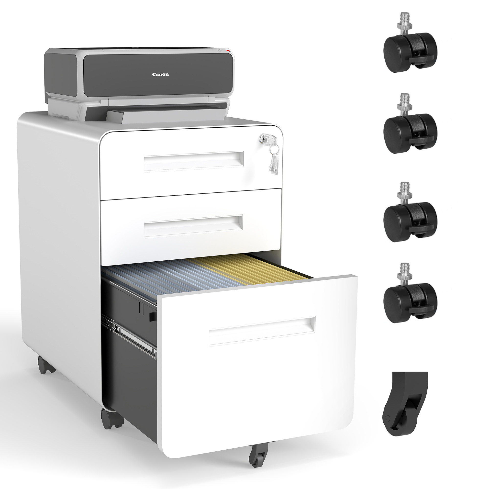 3-Drawer Wide Mobile File Cabinet With Lock, All-Steel Metal Storage Cabinet On Casters, For Home & Office,White, Fully Assembled, Holds A4 Letter Files, 110lbs Drawer