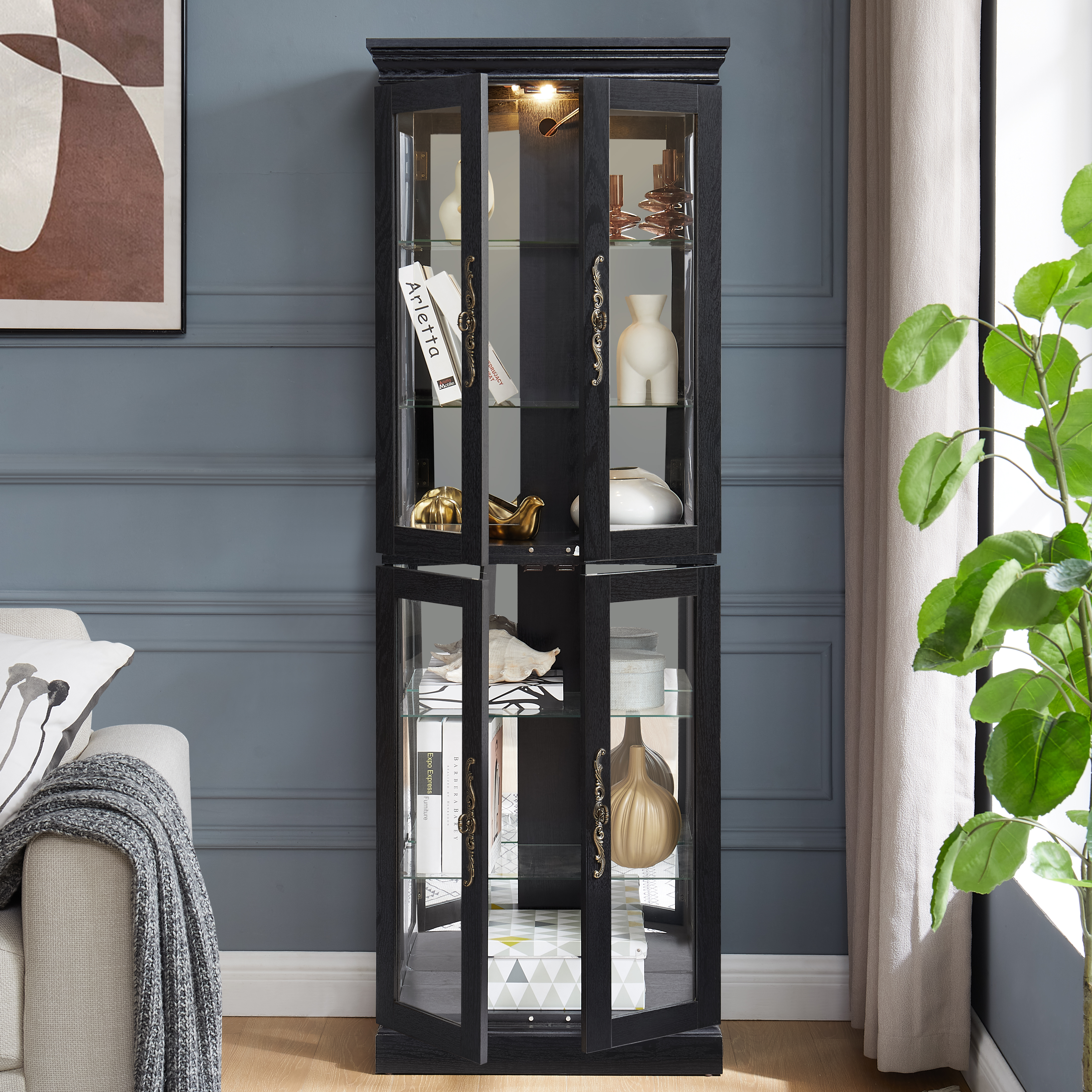 Elegant Lighted Glass Curio Display Cabinet - Wooden Frame Storage For Living Room, Kitchen & Pantry - Includes Light Bulb - Ideal For Wine, Toys & Collectibles - Black_maomaolike.com
