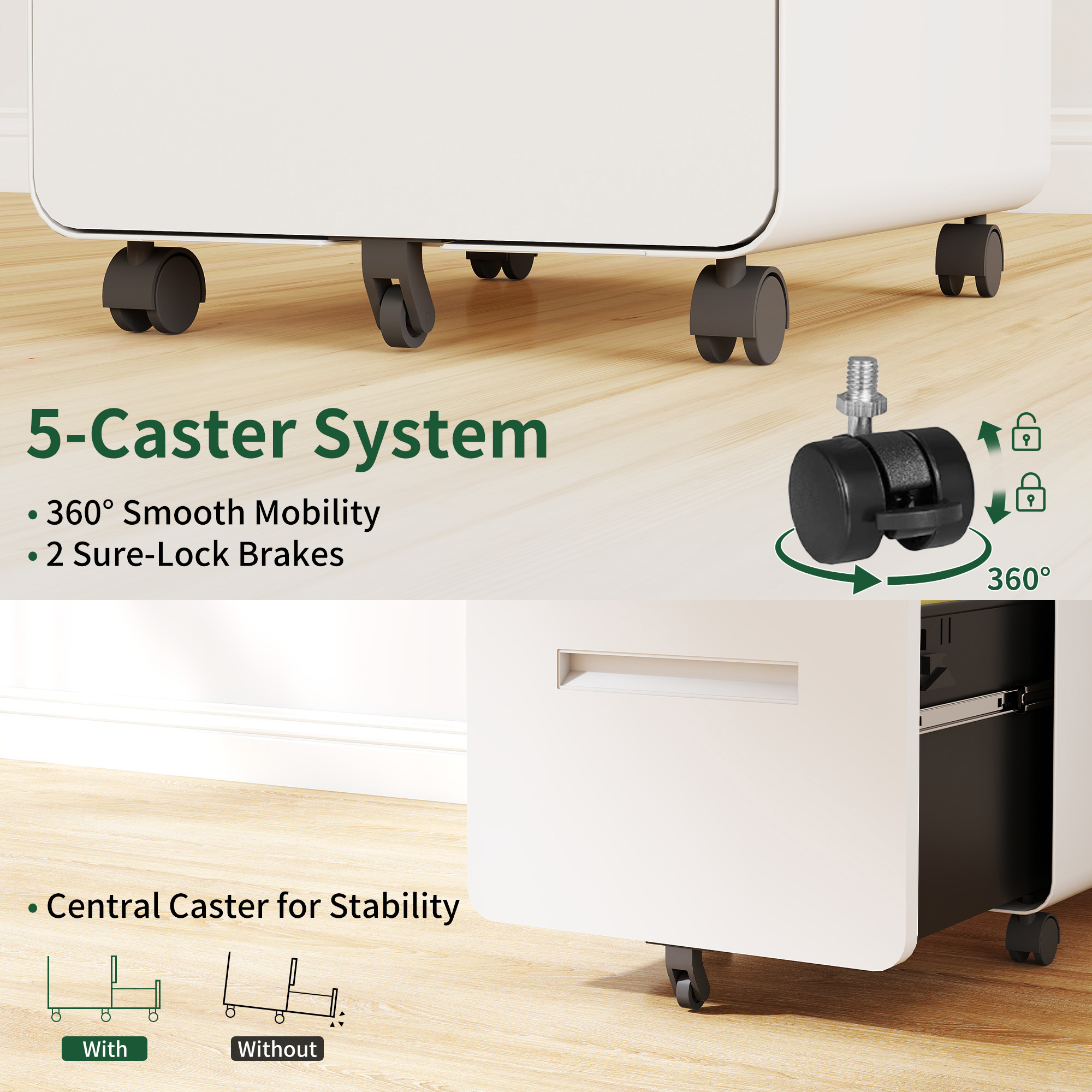 3-Drawer Wide Mobile File Cabinet With Lock, All-Steel Metal Storage Cabinet On Casters, For Home & Office,White, Fully Assembled, Holds A4 Letter Files, 110lbs Drawer detail