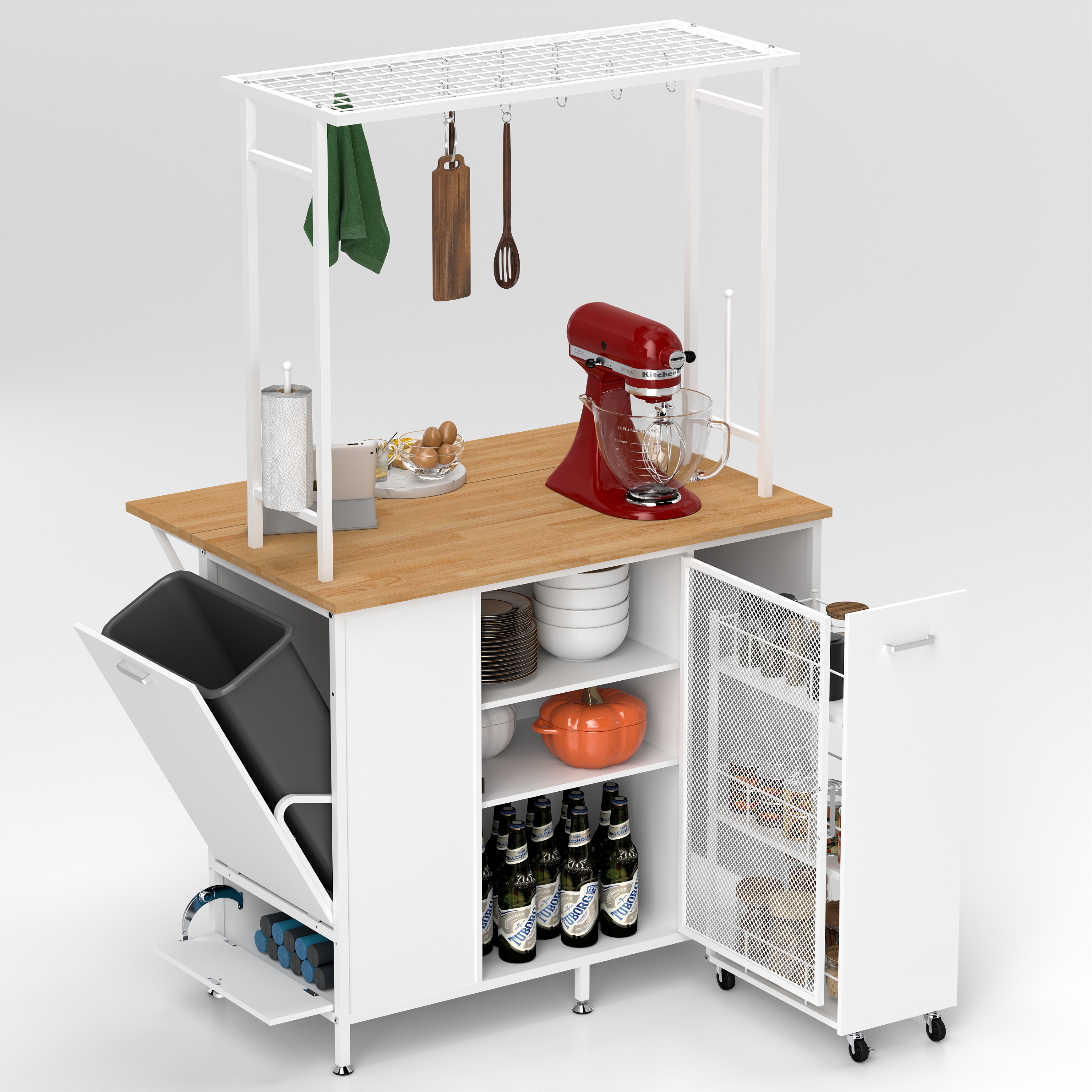 Kitchen Island With Storage Space, Breakfast Bar With Folding Flip-Up Panel, Large Storage Cabinet Shelves And Drawers, Large Coffee Bar Table With Hooks, White