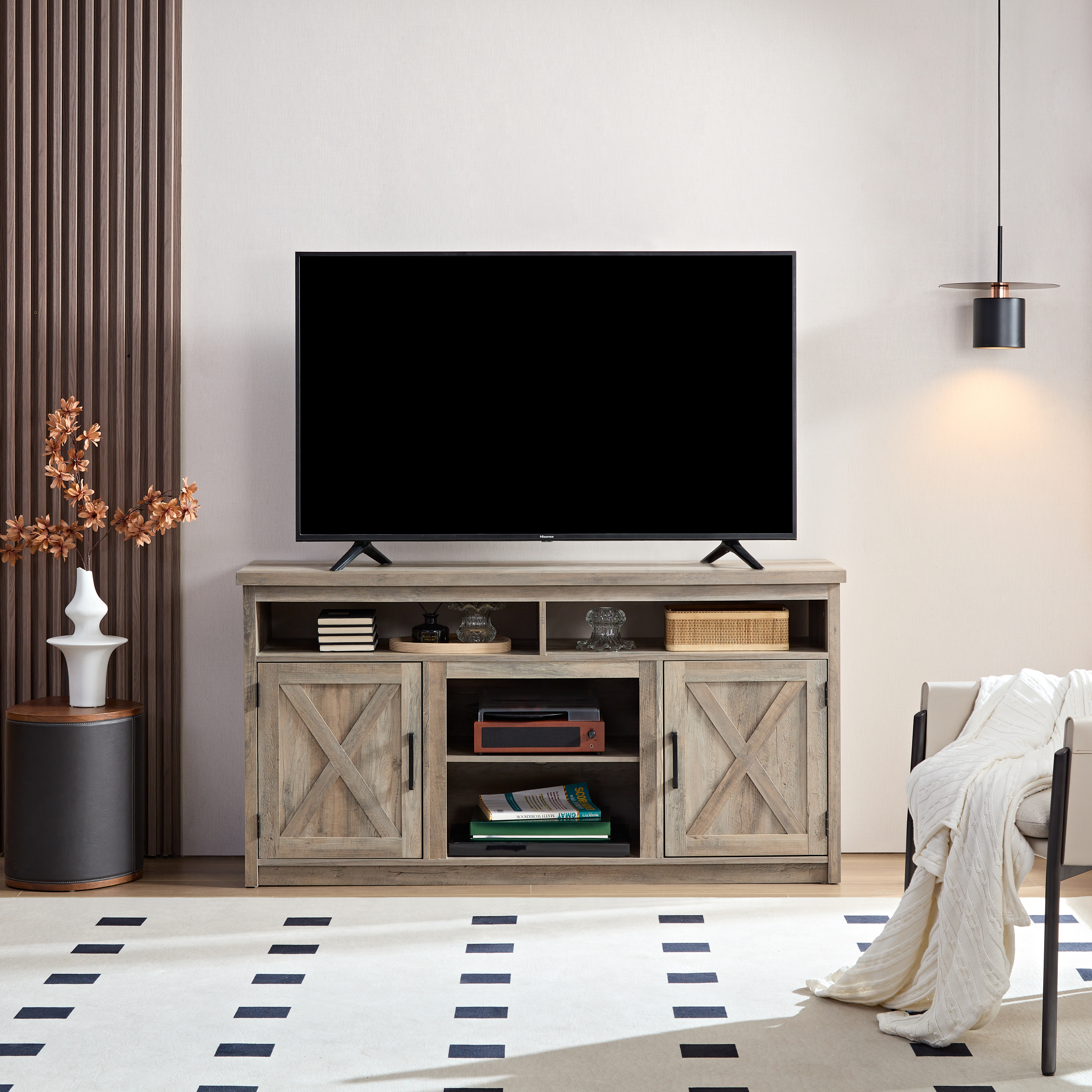 Farmhouse Barn Door TV Media Stand Modern Entertainment Console For TV Up To 65  With Open And Closed Storage Space, Gray Wash, L57.87xW15.75xH30.31