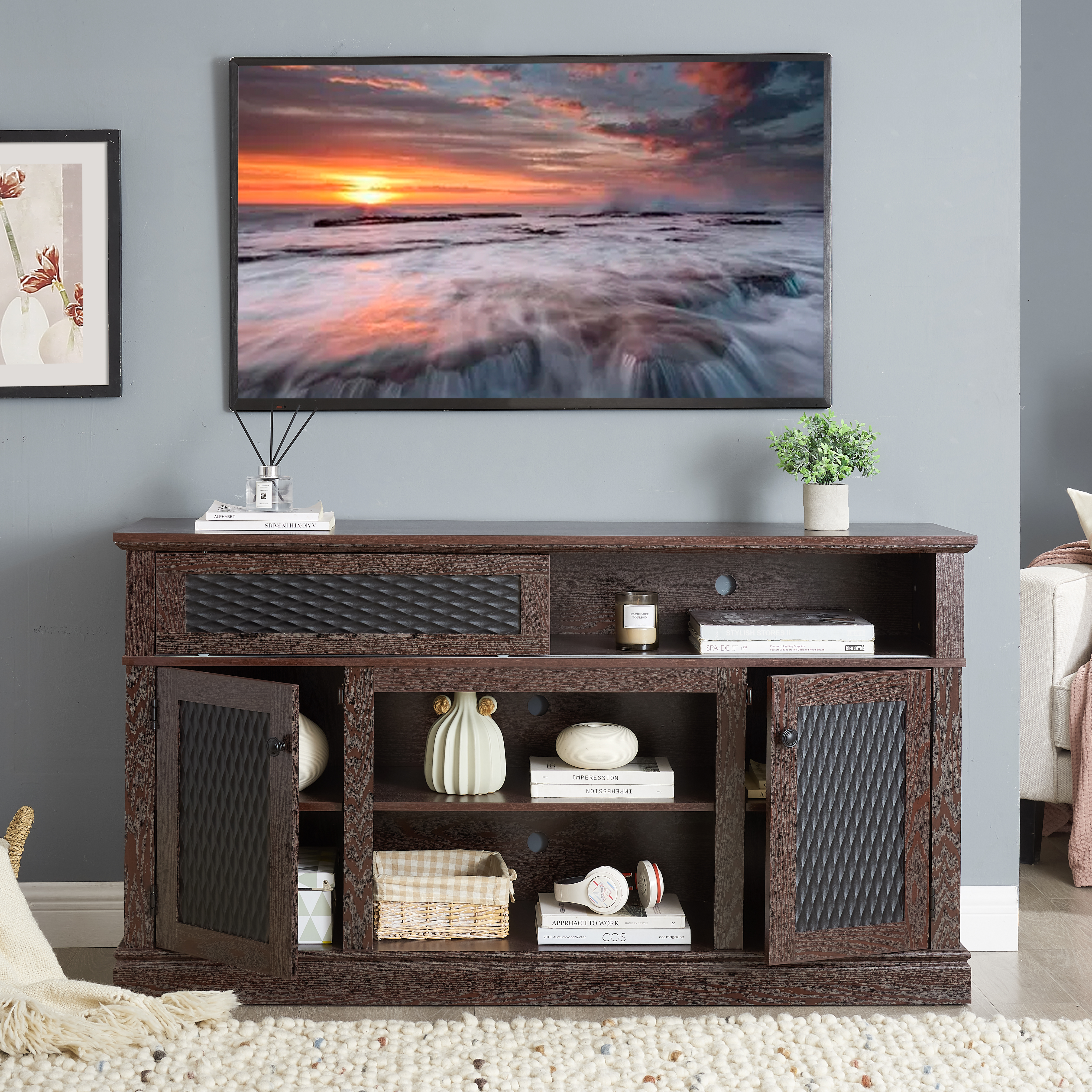 Embossed Pattern TV Stand, TV And Media Console With Open And Closed Storage Space And Sliding Door For Living Room & Bedroom, DARK CHERRY, 58.27 Wx15.35 Wx31.7H