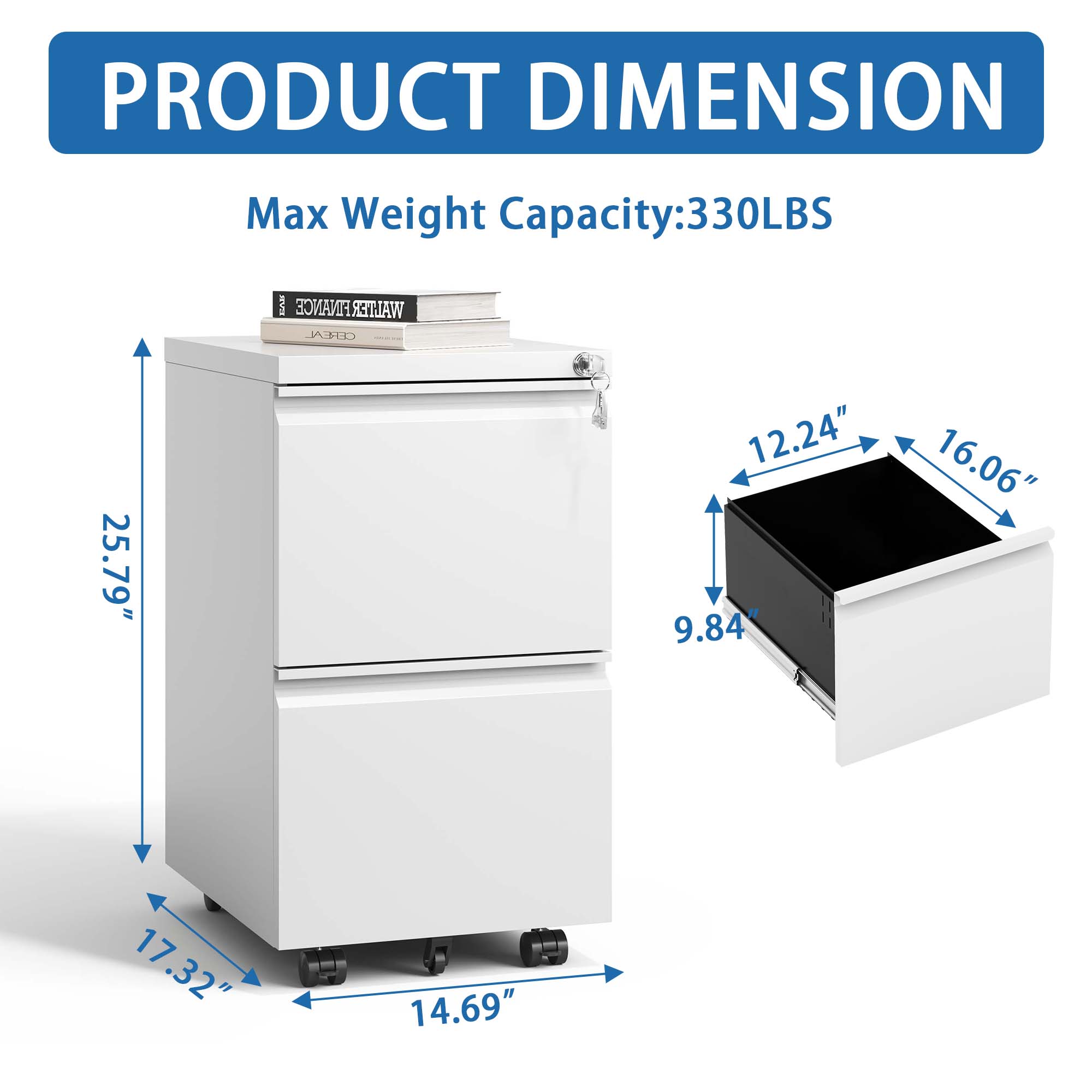 2 Drawer Metal  Mobile File Cabinet, Rolling File Cabinet With Lock For Hanging Legal Letter A4 Size,Fully Assembled Except Wheels detail