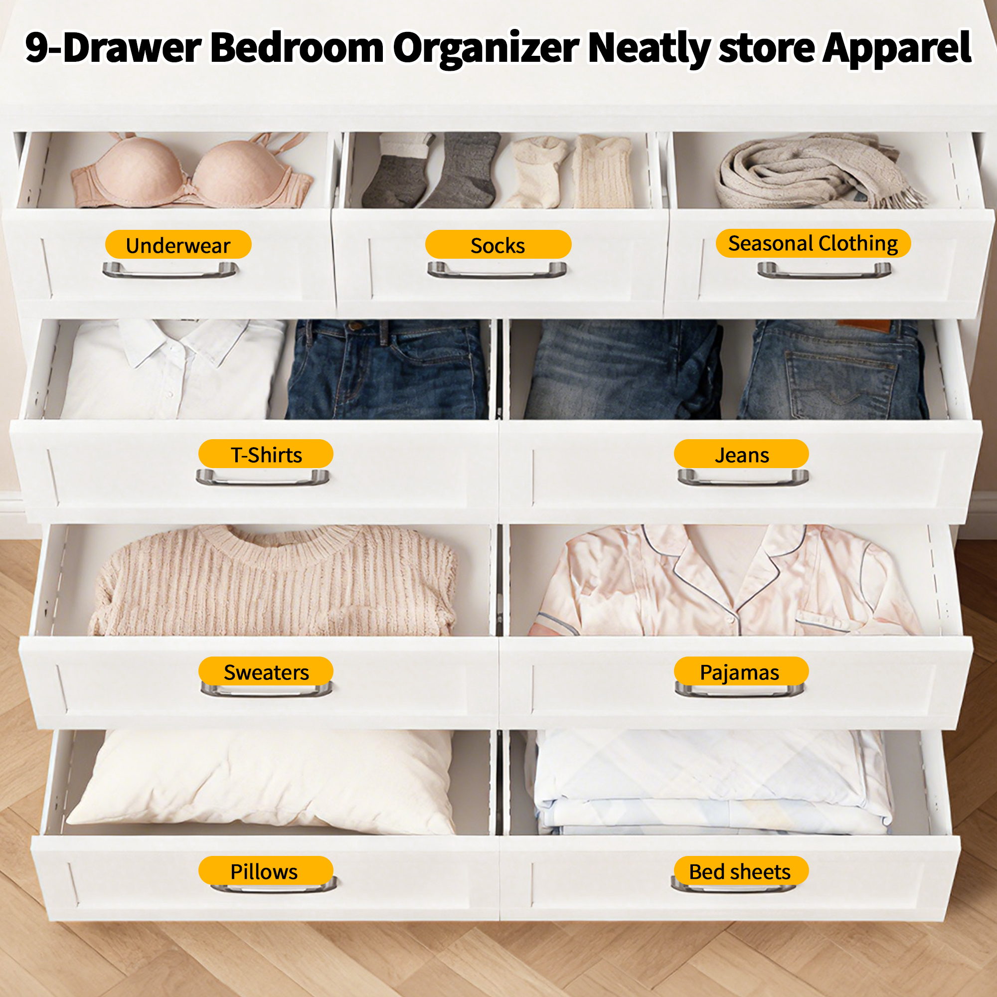 9-Drawer Tall Dresser, White Metal Storage Cabinet With Smooth Gliding Drawers, Space-Saving Chest Of Drawers For Bedroom, Living Room, Entryway, Strong 5-Foot Design & Modern Handles