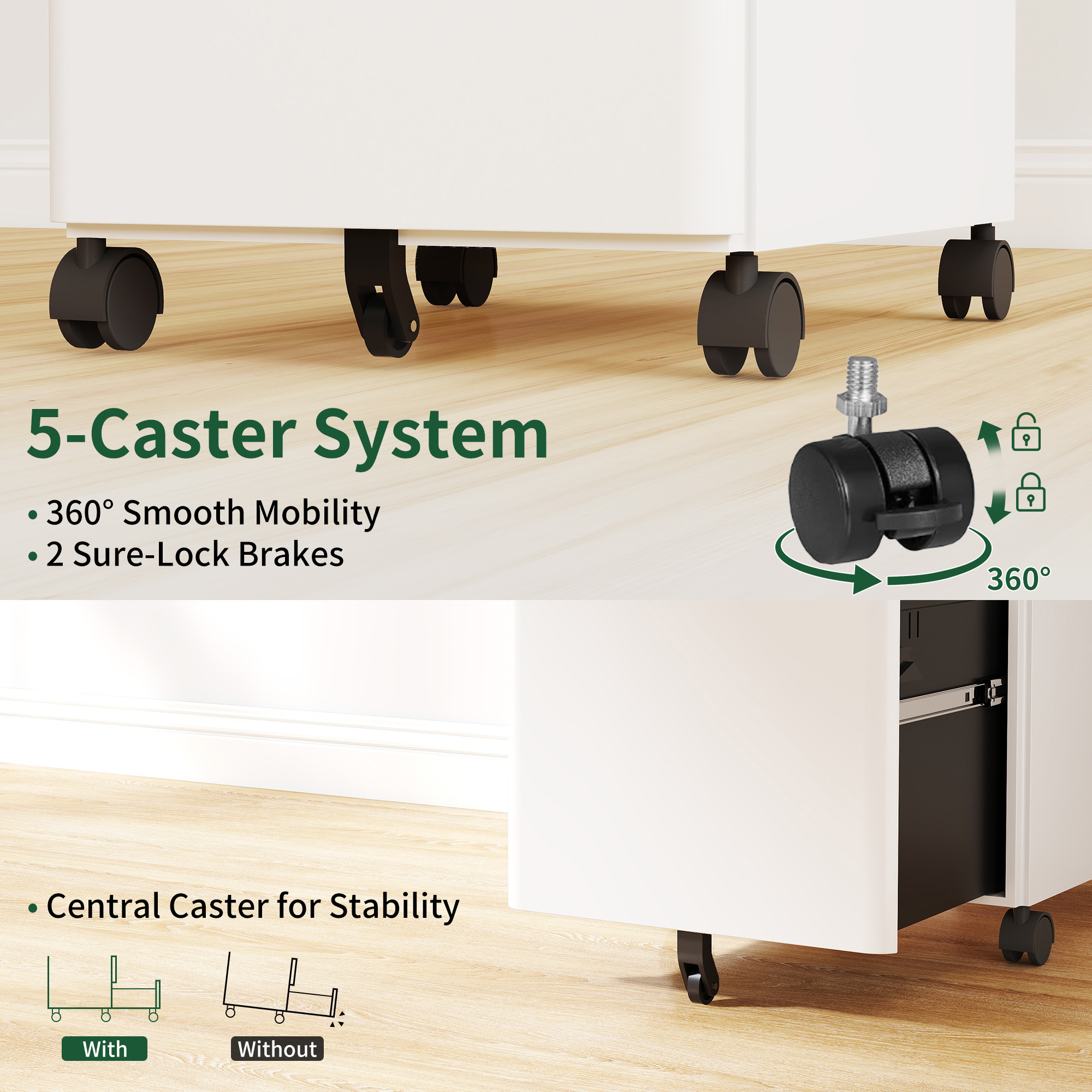 3-Drawer Mobile File Cabinet With Lock, All-Steel Metal Storage On Wheels, Two Shallow & One Deep Drawer For Office Home, Fully Assembled, White, 110lbs Drawer, Anti-Tip Design detail