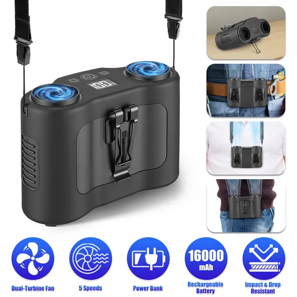 16000mAh 4 In 1 Dual-Turbine Waist Clip Fan Wearable Personal Fan Hands-Free With 5 Speeds LCD Display Lanyard Double As Power Bank For Jobsites Camping Hiking