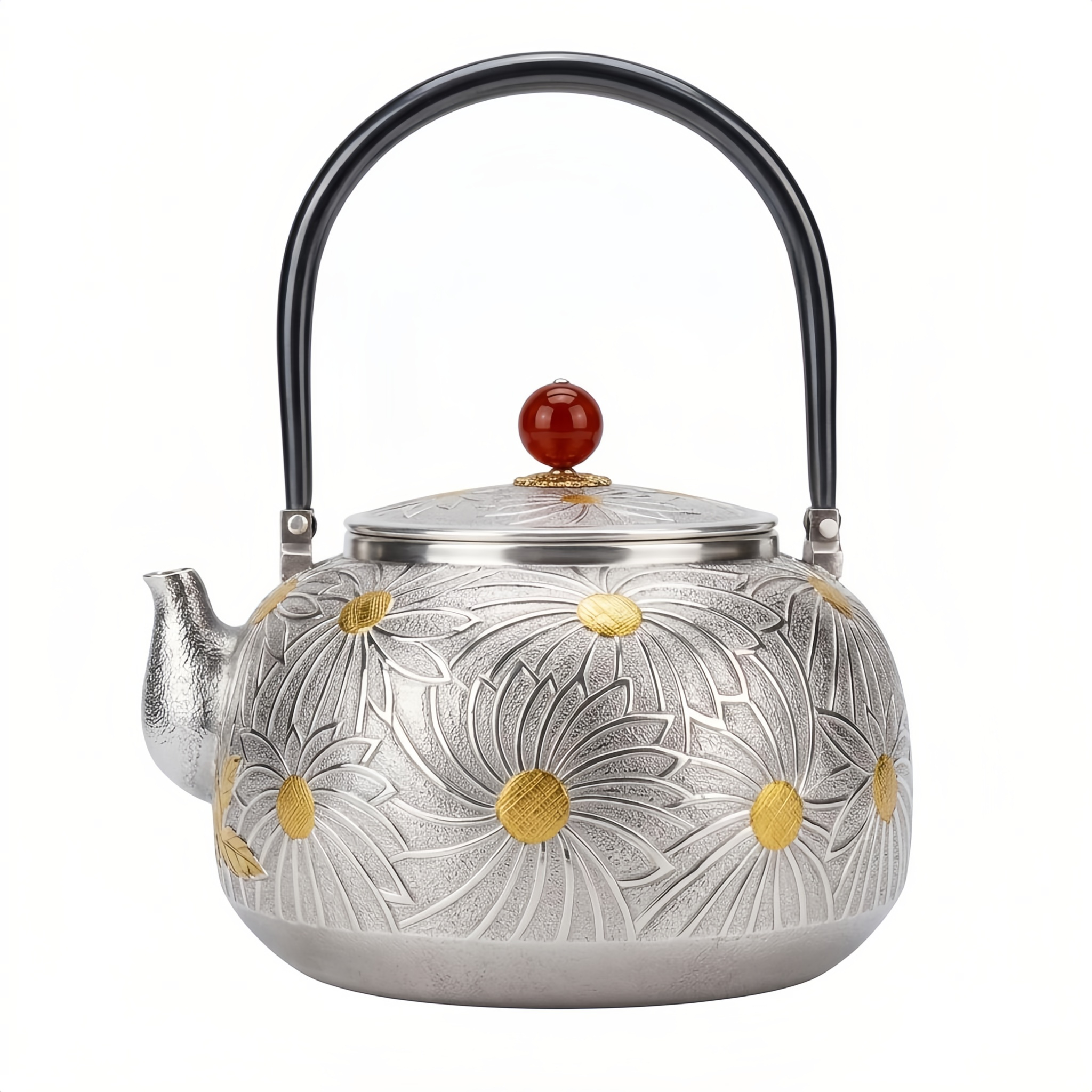 Pure 999 Fine Silver Handcrafted Silver Teapot with Exquisite Floral Engravings and Polished Crimson Stone Accent - Handicraft