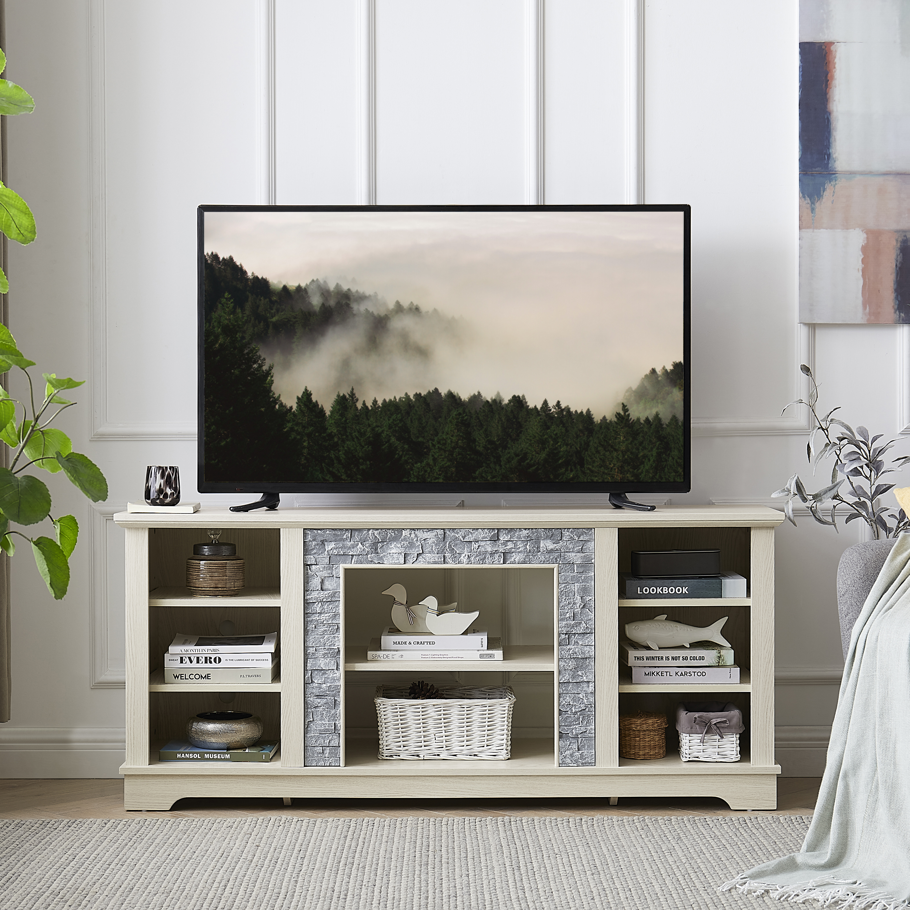 Mantel Stone TV Media Stand With With Faux Stacked Stone Surround, Modern Entertainment Console With Open Storage Space,WHITE, 58.31 Wx15.39 Dx26.06 H