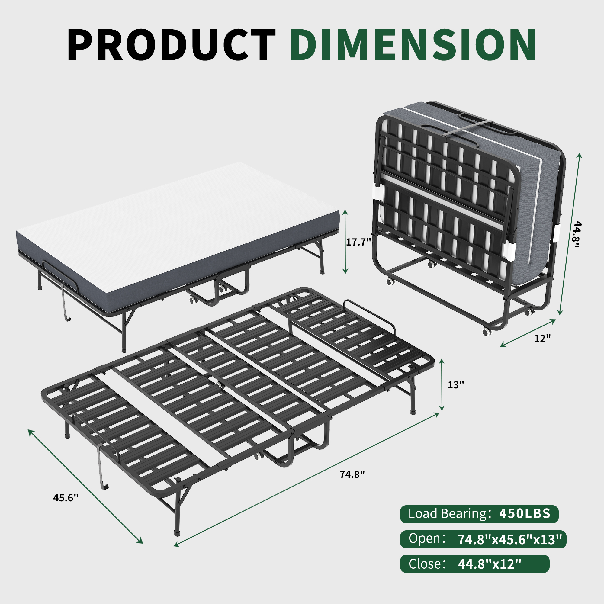 Large 75 X46  Wide Folding Bed For Tall People, Extra Long & Wide Rollaway Bed With 5  Memory Foam, Heavy-Duty 450lbs Capacity Guest Bed, Spacious Portable Twin Cot