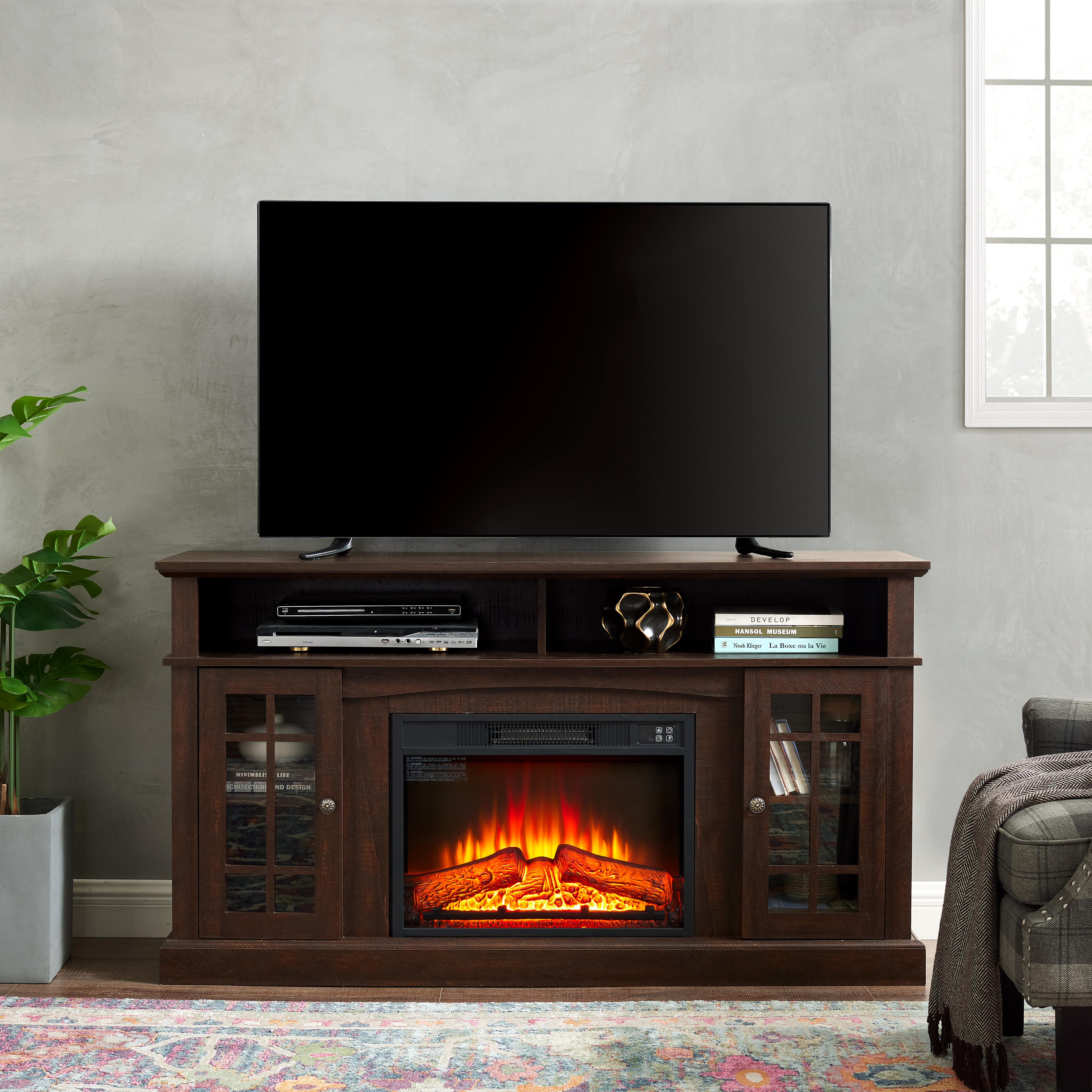 Classic TV Media Stand Modern Entertainment Console With 23  Fireplace Insert For TV Up To 65  With Open And Closed Storage Space, Espresso, 58.25 Wx15.75 Dx32 H