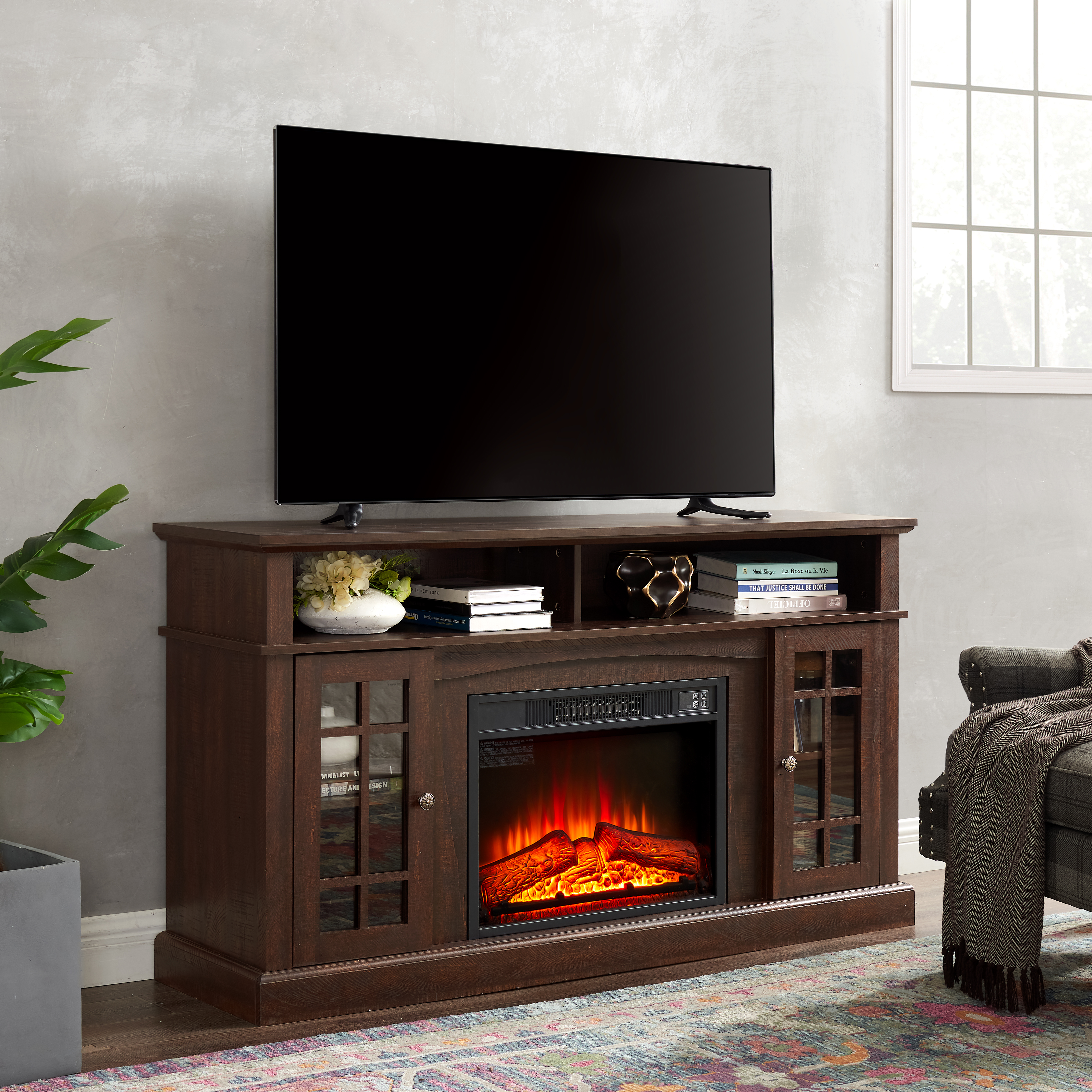 Classic TV Media Stand Modern Entertainment Console With 23  Fireplace Insert For TV Up To 65  With Open And Closed Storage Space, Espresso, 58.25 Wx15.75 Dx32 H