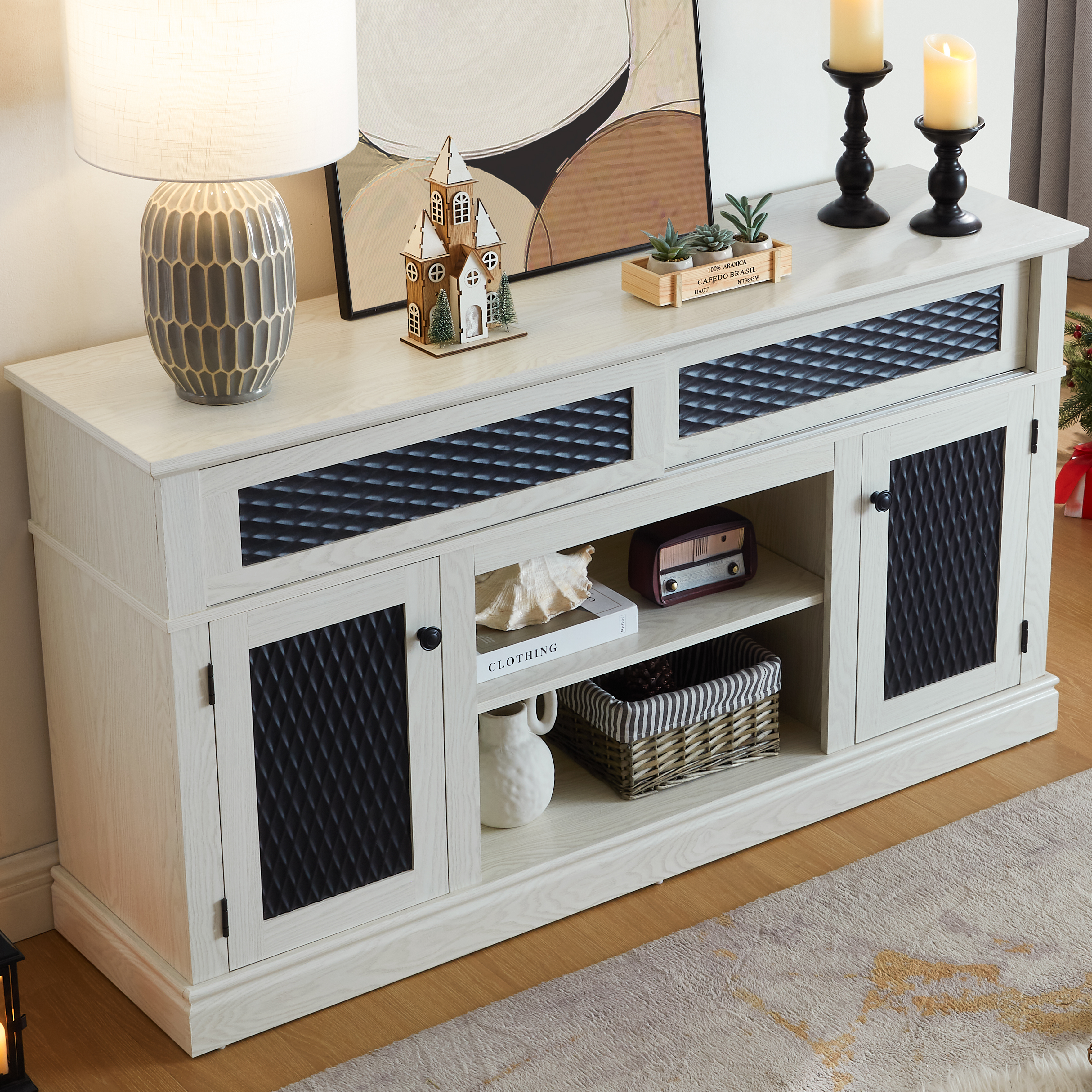 Embossed Pattern TV Stand, TV And Media Console With Open And Closed Storage Space And Sliding Door For Living Room & Bedroom,White, 58.27 Wx15.35 Wx31.7H