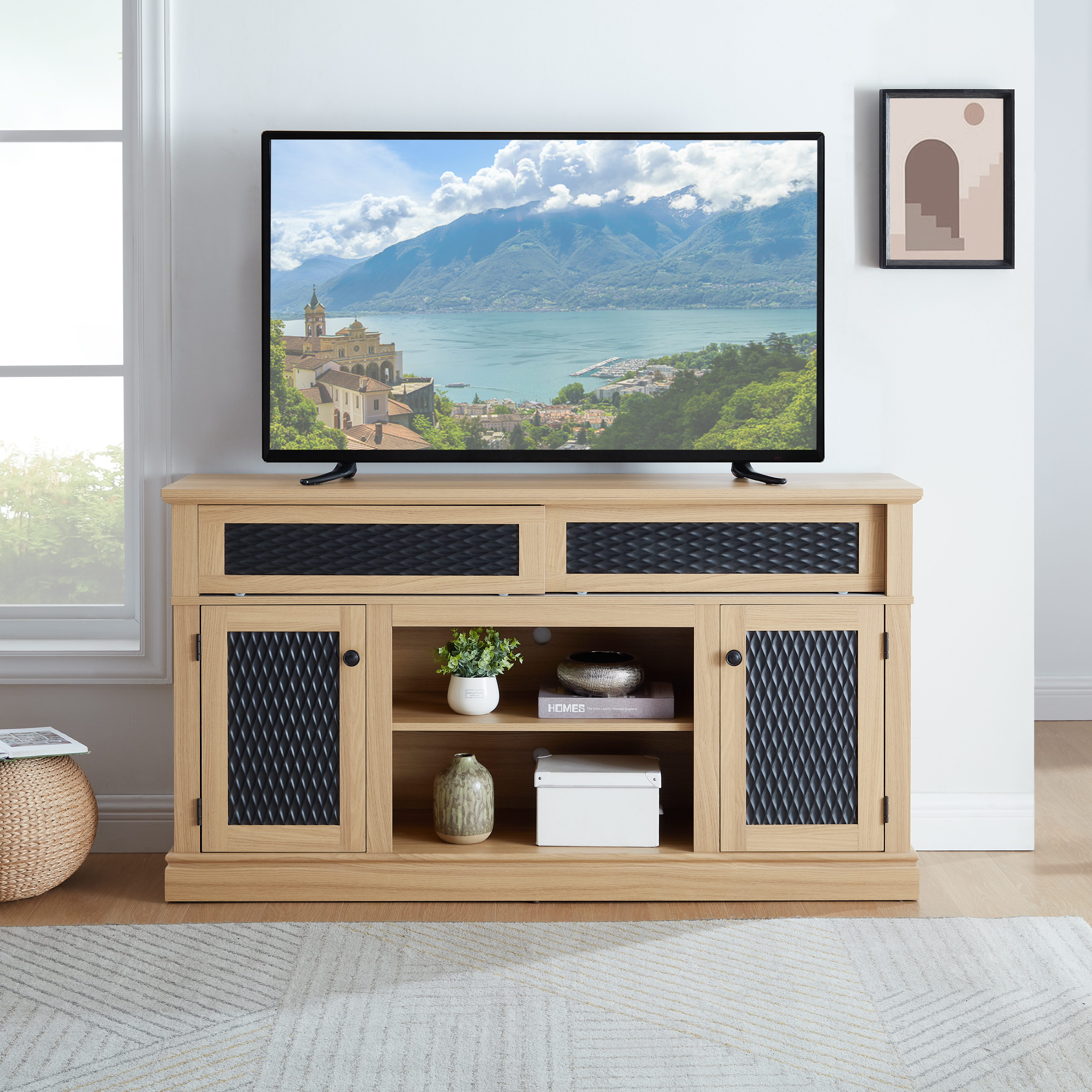 Embossed Pattern TV Stand, TV And Media Console With Open And Closed Storage Space And Sliding Door For Living Room & Bedroom, LIGHT OAK, 58.27 Wx15.35 Wx31.7H