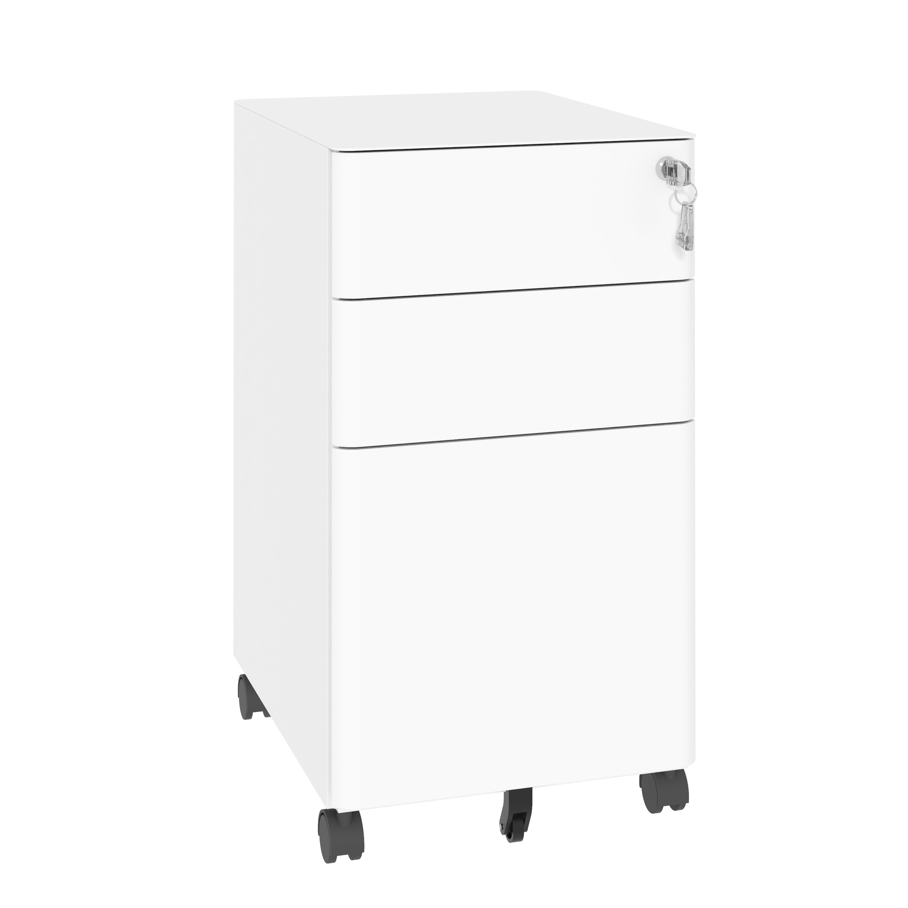 3-Drawer Mobile File Cabinet With Lock, All-Steel Metal Storage On Wheels, Two Shallow & One Deep Drawer For Office Home, Fully Assembled, White, 110lbs Drawer, Anti-Tip Design detail