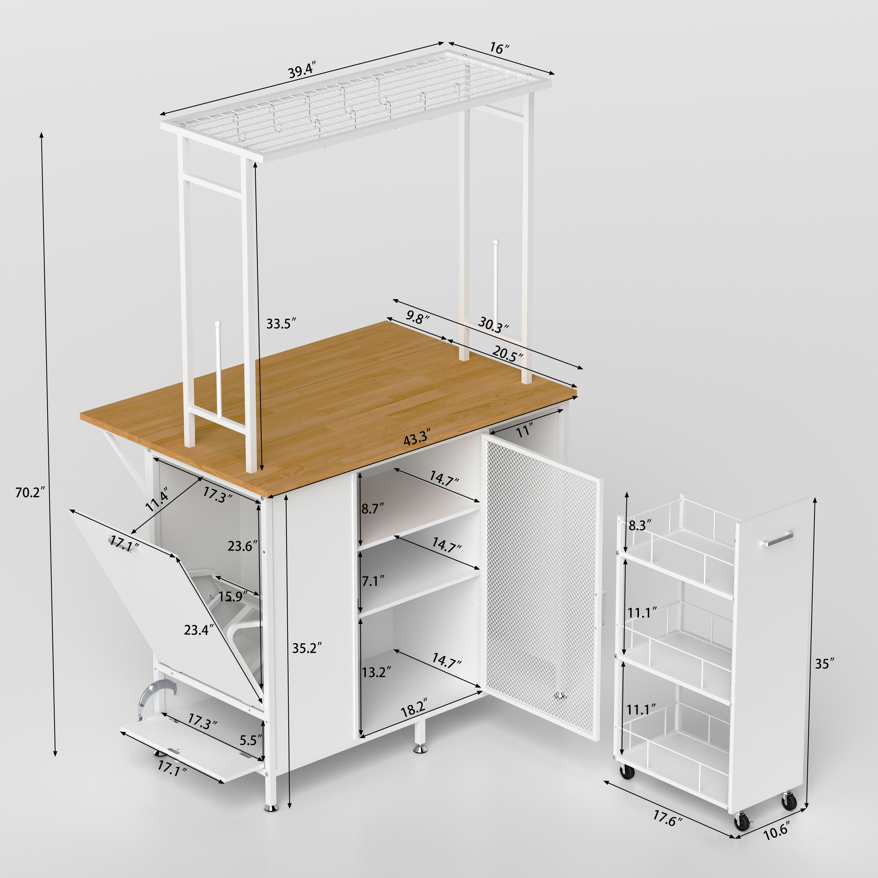 Kitchen Island With Storage Space, Breakfast Bar With Folding Flip-Up Panel, Large Storage Cabinet Shelves And Drawers, Large Coffee Bar Table With Hooks, White