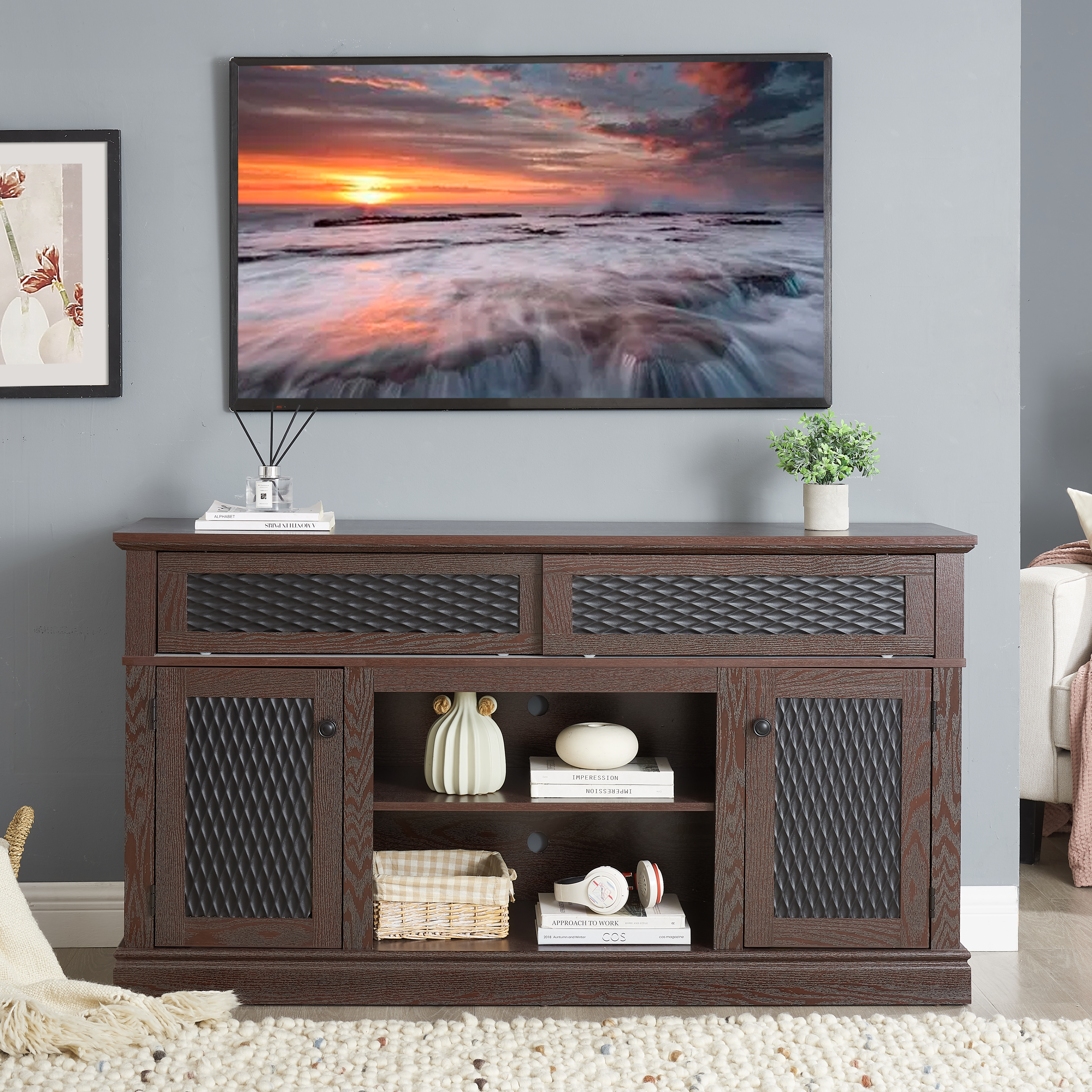 Embossed Pattern TV Stand, TV And Media Console With Open And Closed Storage Space And Sliding Door For Living Room & Bedroom, DARK CHERRY, 58.27 Wx15.35 Wx31.7H