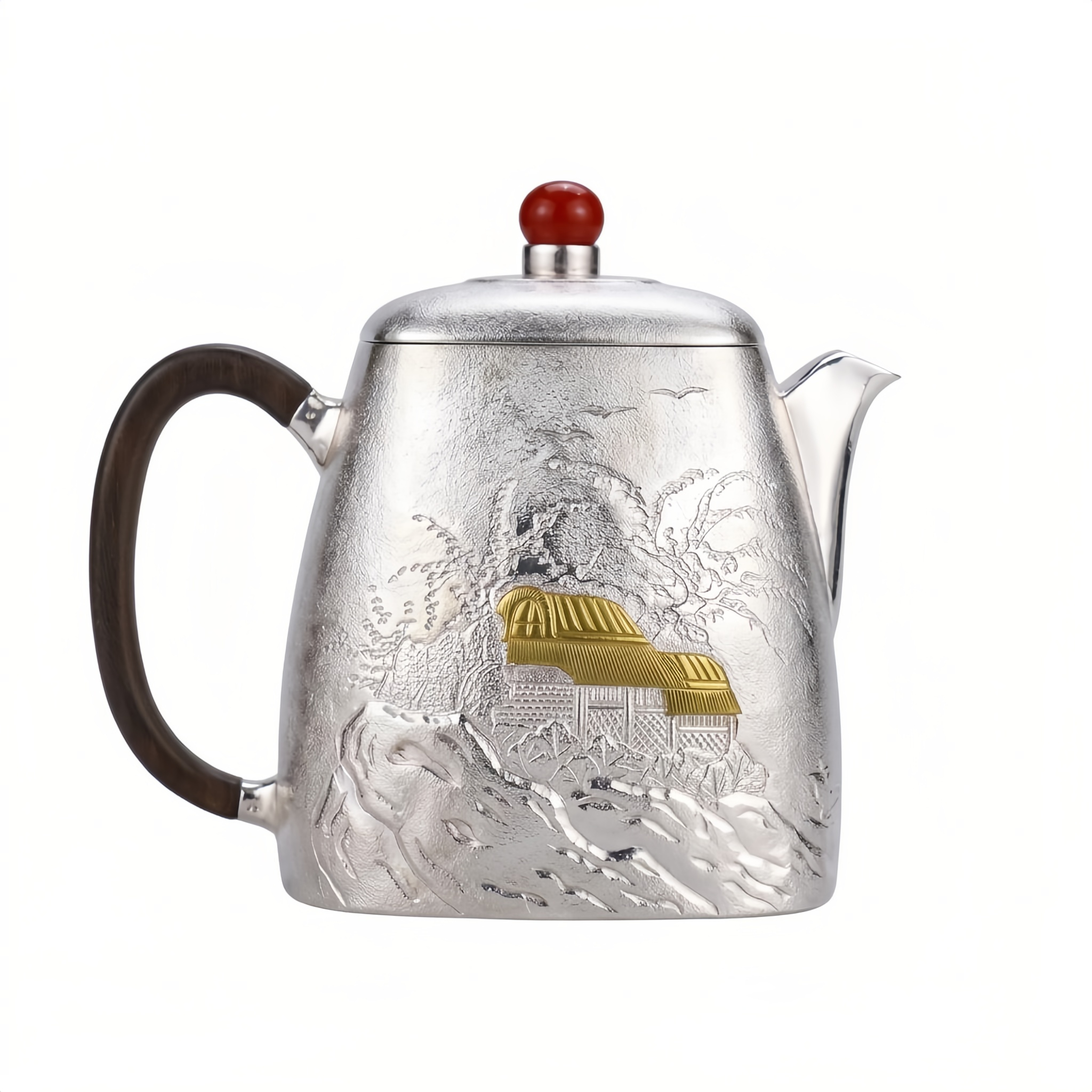 Pure 999 Fine Silver Handcrafted Silver Teapot with Intricate Mountain Relief and Shimmering Pavilion Accents - Handicraft