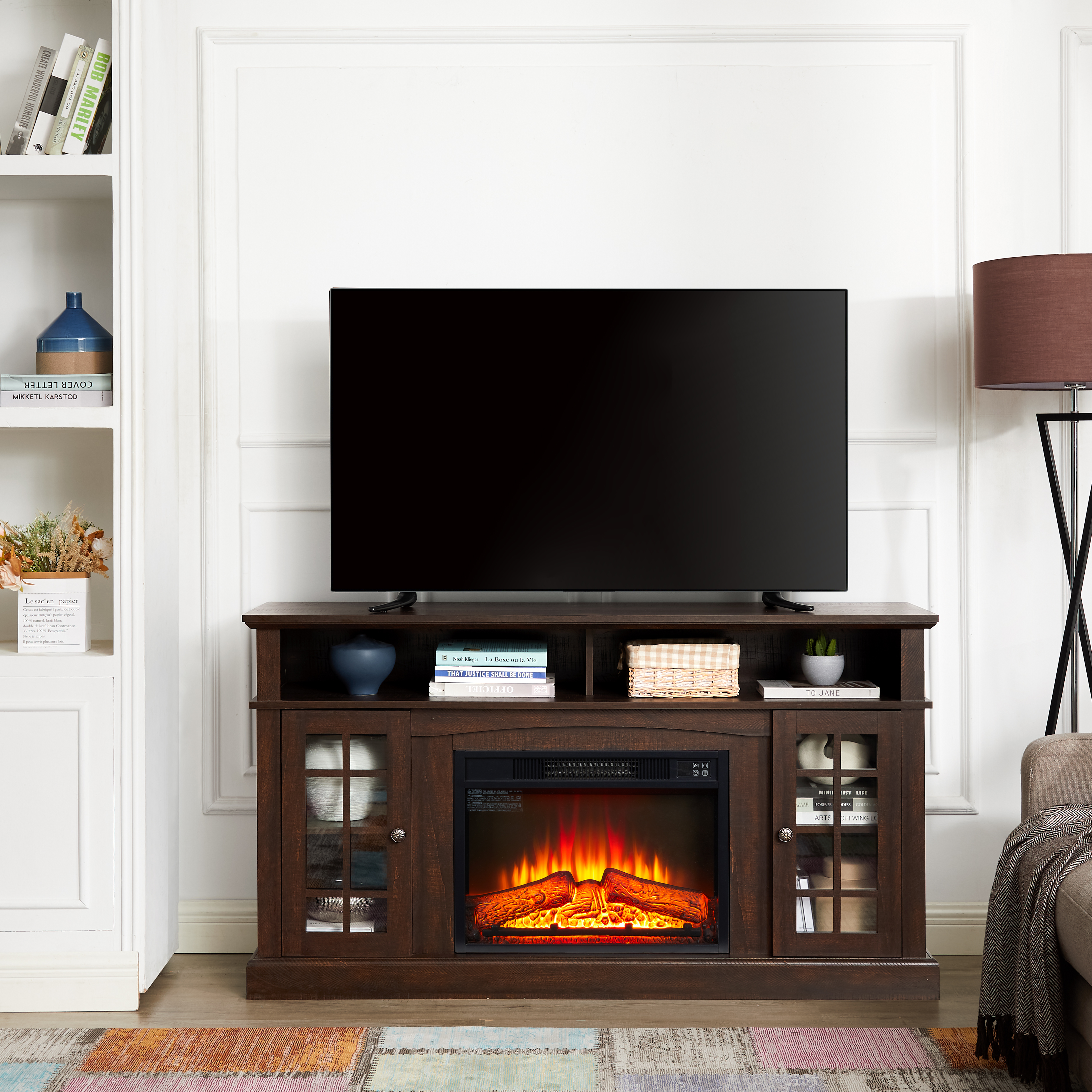 Classic TV Media Stand Modern Entertainment Console With 23  Fireplace Insert For TV Up To 65  With Open And Closed Storage Space, Espresso, 58.25 Wx15.75 Dx32 H