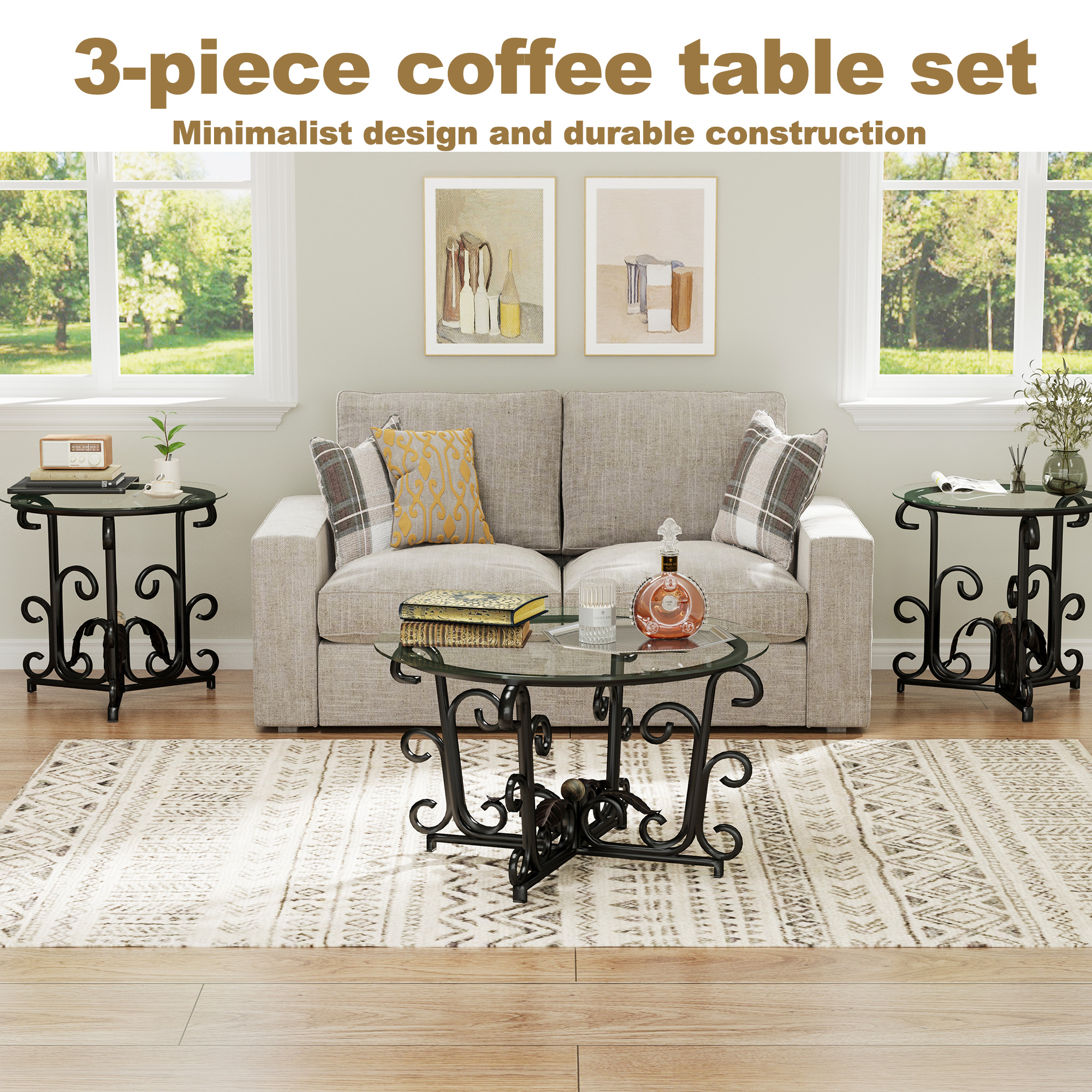3-Piece Coffee Table Set, Tempered Glass Surface With Sturdy Metal Frame - Modern Living Room Sets  1 Coffee Table   2 End Tables , Scratch-Resistant & Easy To Clean For Small Spaces, Apartments