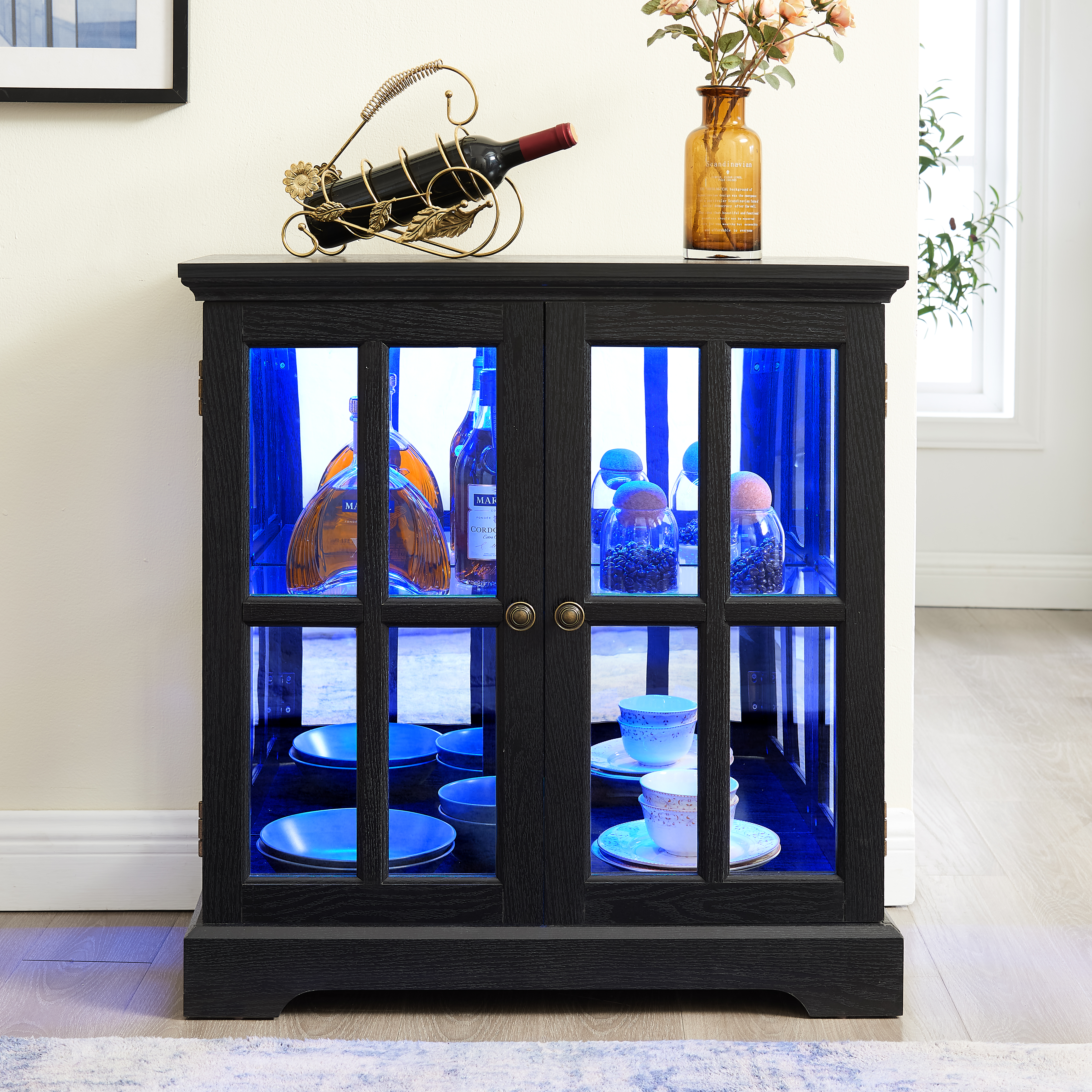LED Curio Display Cabinet, Antique Display Cabinet With Adjustable Shelves, Retro Design Quality Showcase With Lattice Doors Elegant Bookcase And Storage Cabinet For Home Decor And Organization BLK