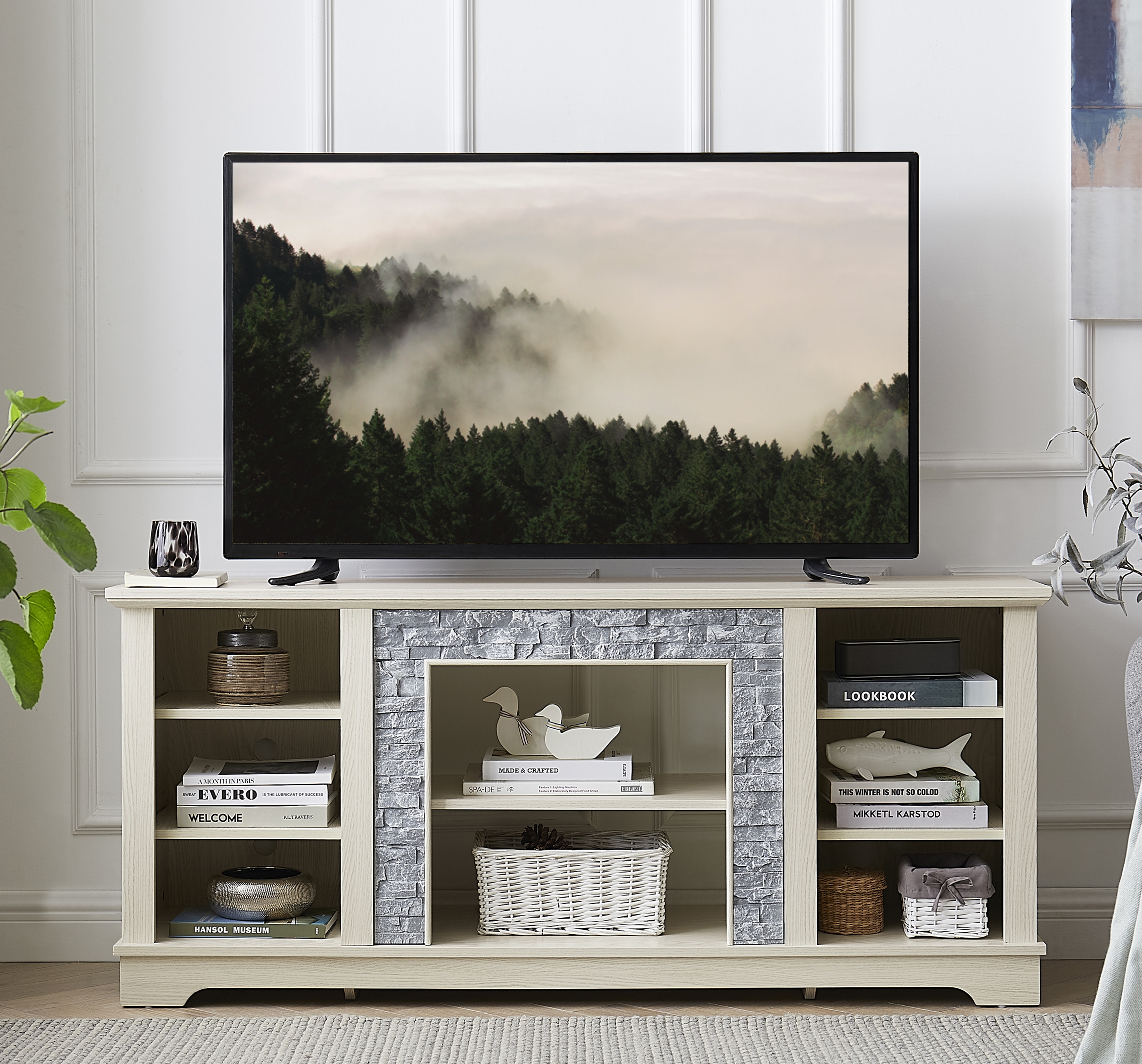 Mantel Stone TV Media Stand With With Faux Stacked Stone Surround, Modern Entertainment Console With Open Storage Space,WHITE, 58.31 Wx15.39 Dx26.06 H