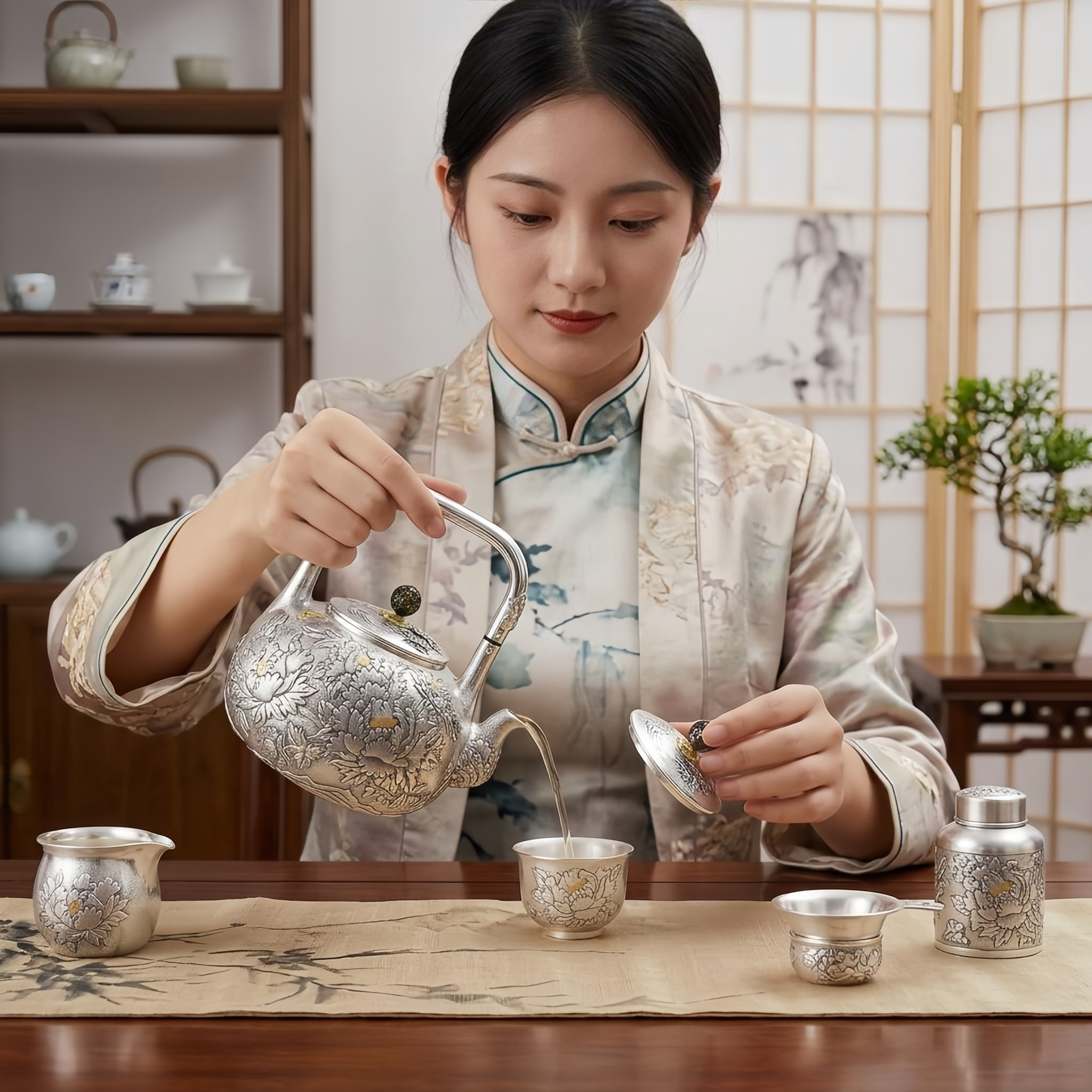 Pure 999 Fine Silver Handcrafted Sterling Silver Tea Kettle Featuring Elaborate Floral Motifs and Decorative Accents - Handicraft