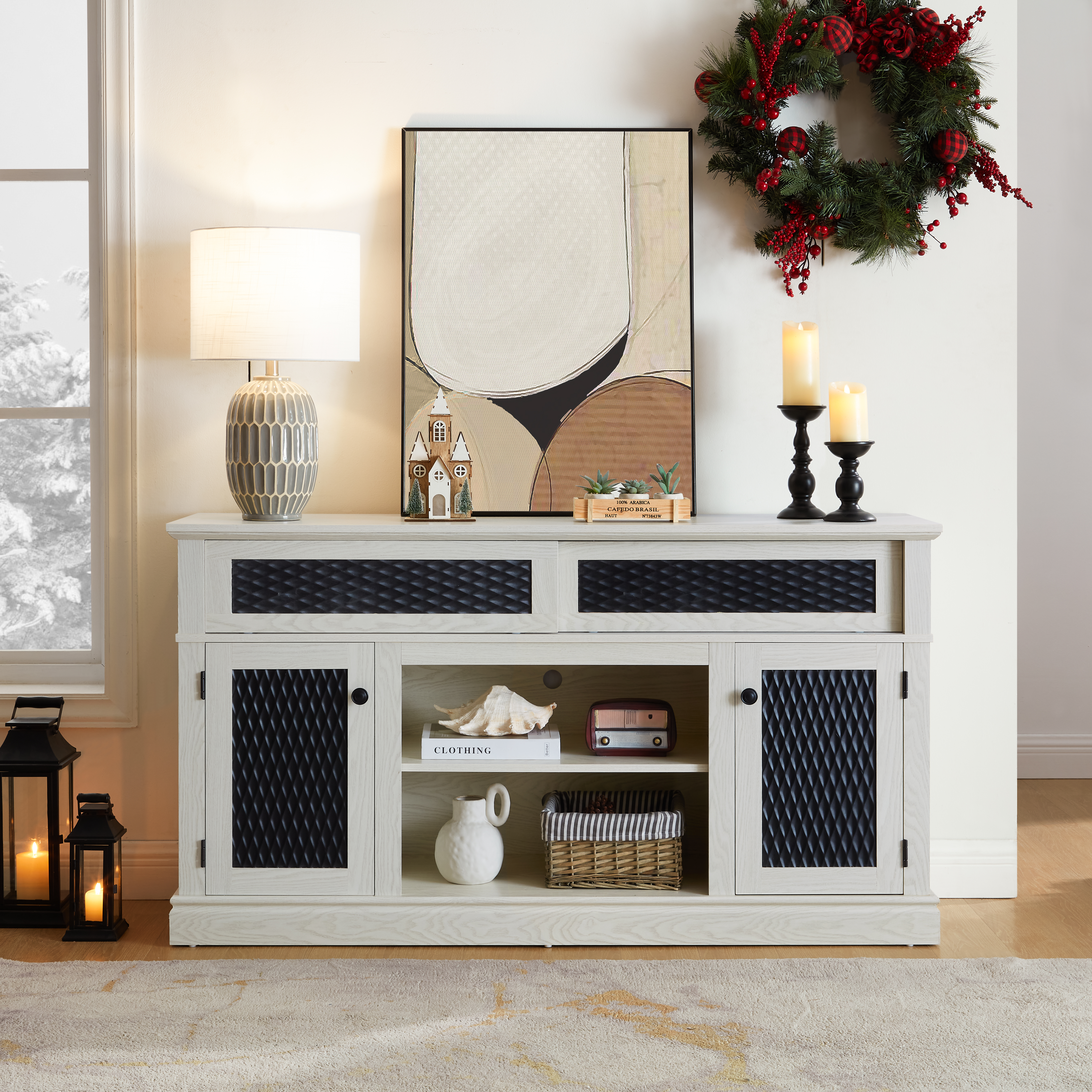 Embossed Pattern TV Stand, TV And Media Console With Open And Closed Storage Space And Sliding Door For Living Room & Bedroom,White, 58.27 Wx15.35 Wx31.7H