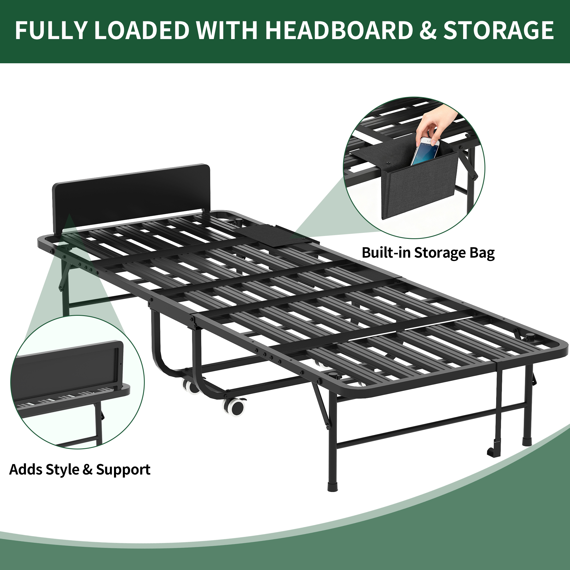 75  Folding Bed With Adjustable Headboard & 5  Memory Foam, Space Saving Rollaway Guest Bed For Tall People, Portable Twin Cot On Wheels, Easy Assembly