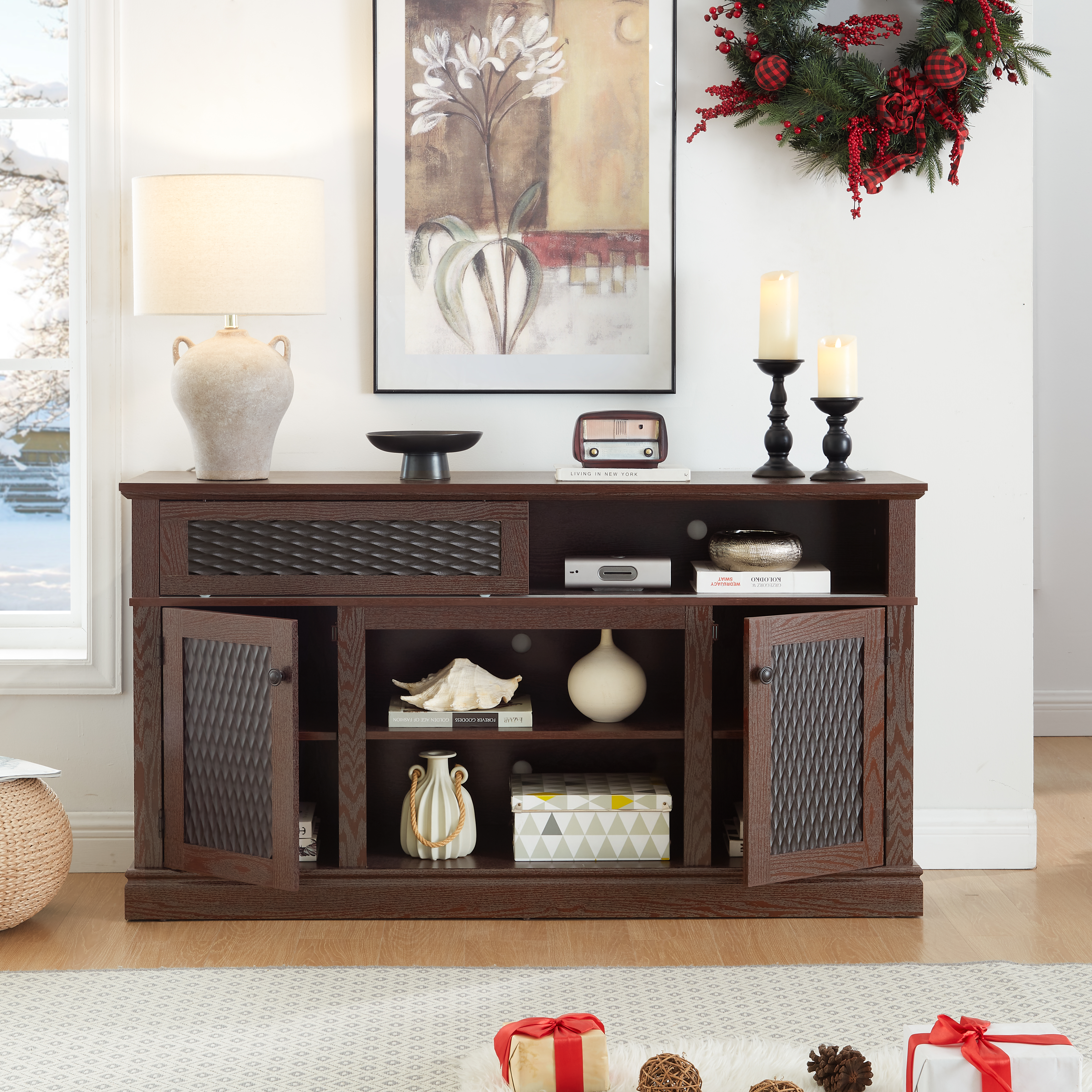 Embossed Pattern TV Stand, TV And Media Console With Open And Closed Storage Space And Sliding Door For Living Room & Bedroom, DARK CHERRY, 58.27 Wx15.35 Wx31.7H