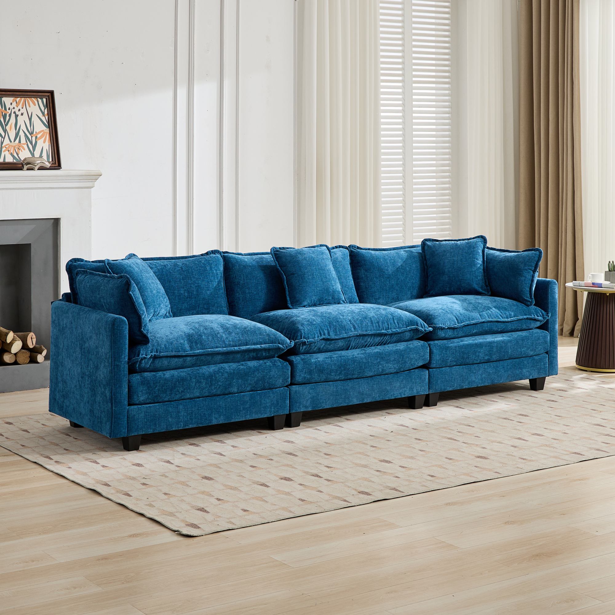 Cloud Sofa 3 Seats  Ottoman Is Not Included , Modern Sectional Couch, For Living Room Bedroom And Apartment, Comfy Double Layer Upholstered Seat Cushion, Breathable Chenille Fabric,Blue,SW5013BL