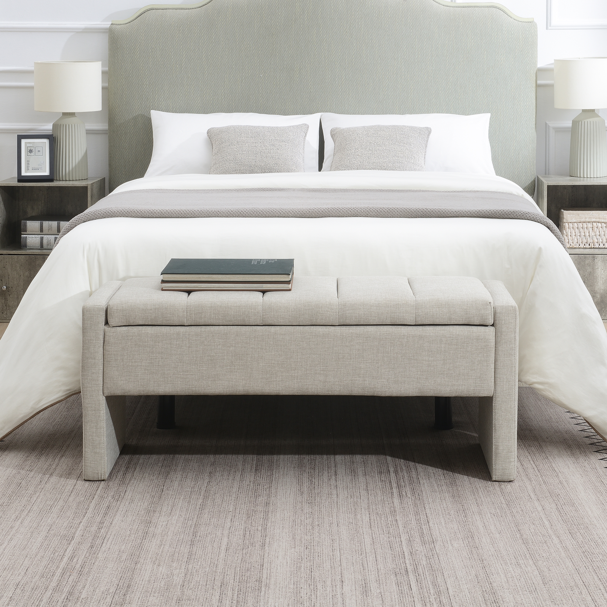 Modern Bed End Bench With Storage,Upholstered Large Foot Rest Stool, Comfy Window Vanity Bench For Living Room,Bedroom,Dorm,Coffee Table,Linen Light Grey_maomaolike.com