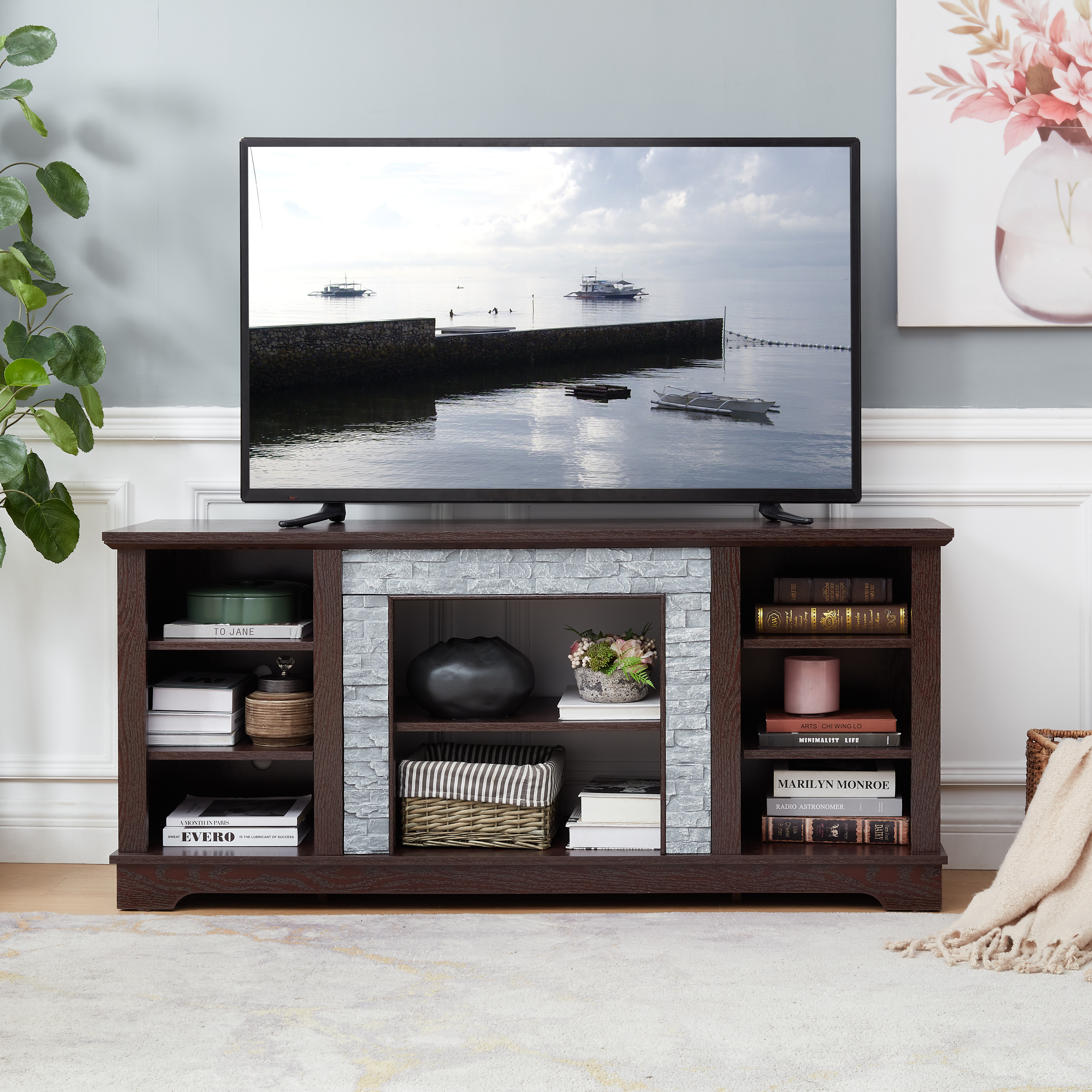 TV Media Stand With With Faux Stacked Stone Surround, Modern Entertainment Console With Open Storage Space, Cherry, 58.31 Wx15.39 Dx26.06 H