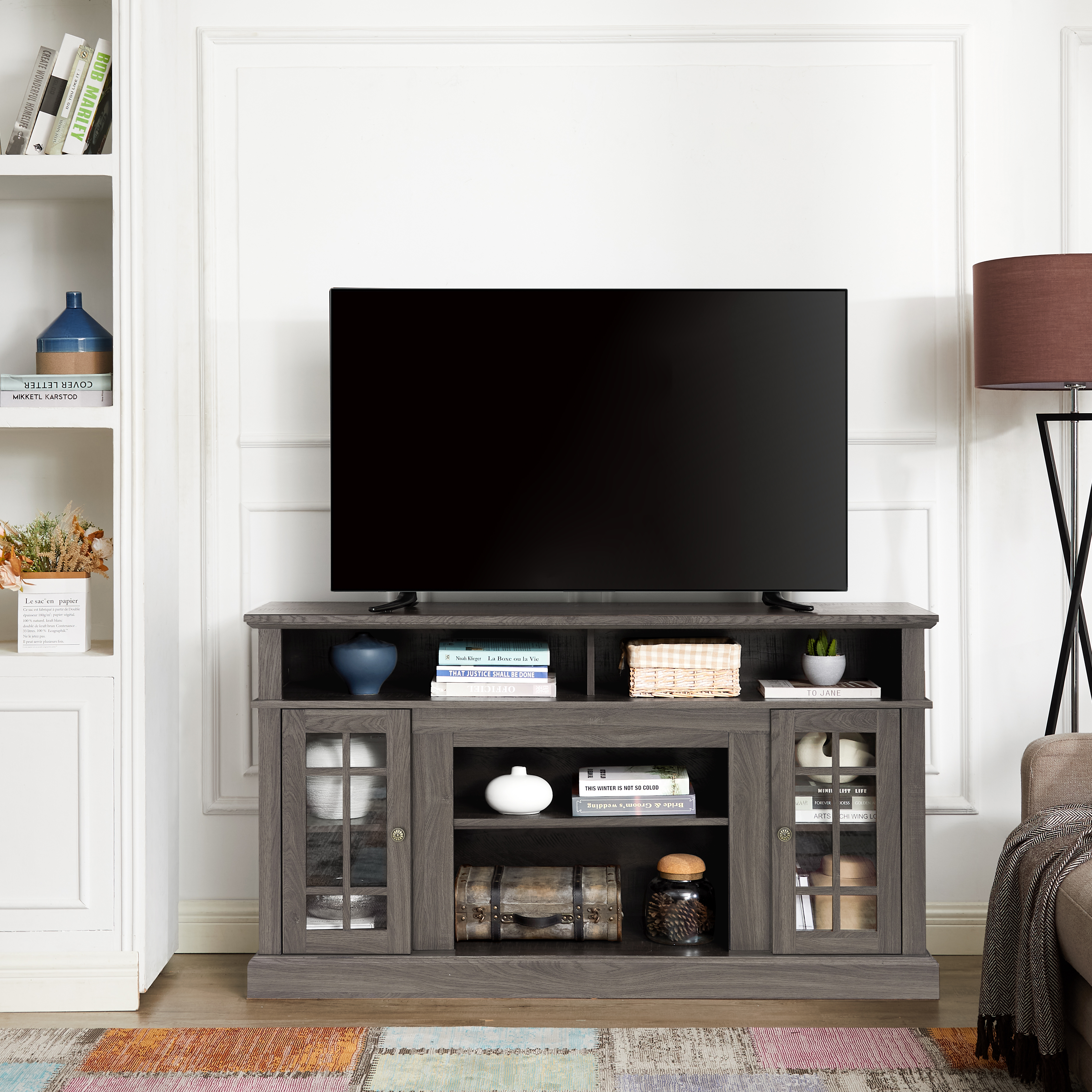 Classic TV Media Stand Modern Entertainment Console For TV Up To 65  With Open And Closed Storage Space, Dark Walnut Black, 58.25 Wx15.75 Dx32 H