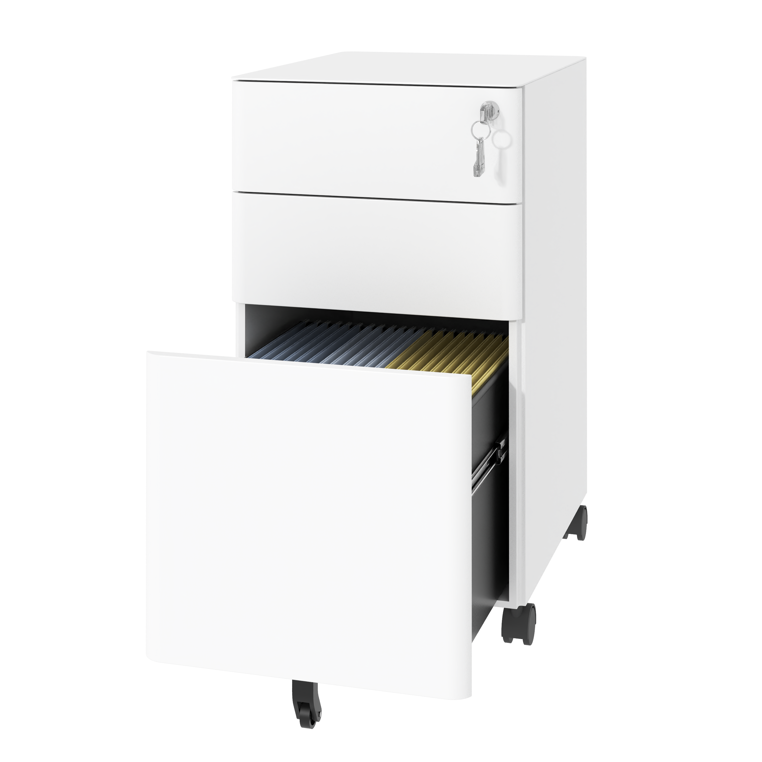 3-Drawer Mobile File Cabinet With Lock, All-Steel Metal Storage On Wheels, Two Shallow & One Deep Drawer For Office Home, Fully Assembled, White, 110lbs Drawer, Anti-Tip Design detail