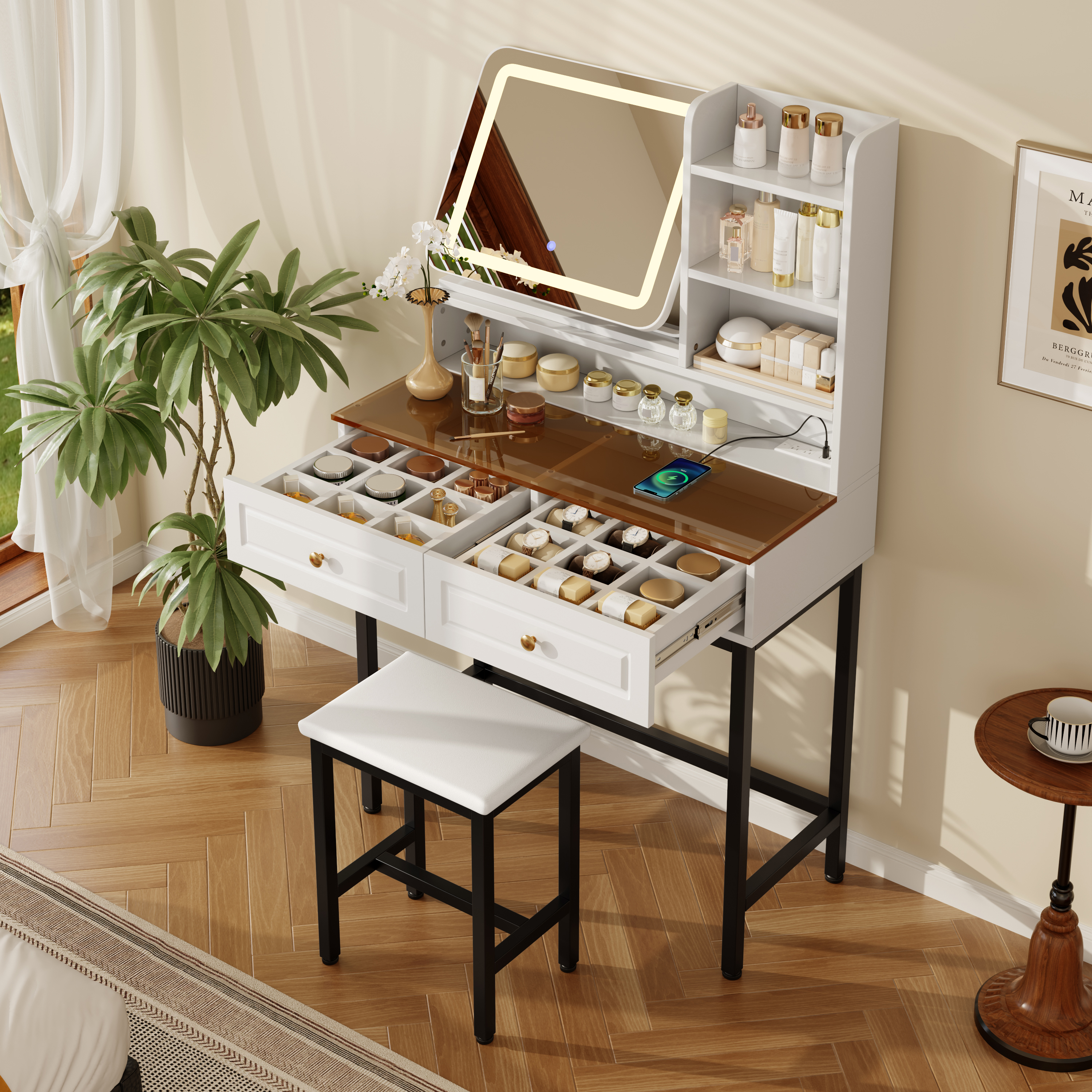 Makeup Vanity With LED Lighted Mirror,  360 Rotatable Mirror, Vanity Desk With 2 Drawers,Power Outlet And 3-Tier Shelves, Amber Glass Table Top, Dressing Table With Sturdy Metal Leg And  Stool, White