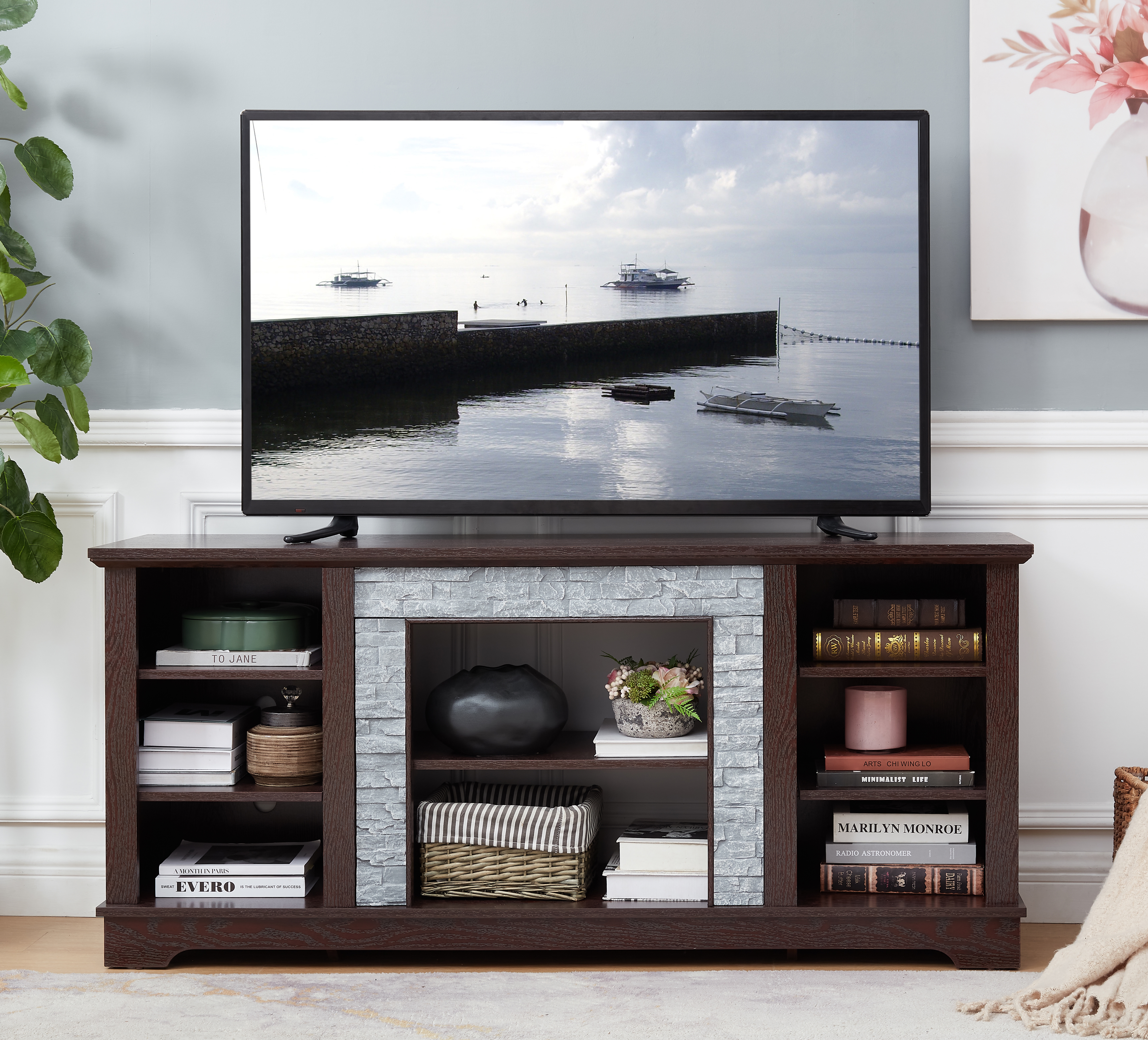 TV Media Stand With With Faux Stacked Stone Surround, Modern Entertainment Console With Open Storage Space, Cherry, 58.31 Wx15.39 Dx26.06 H