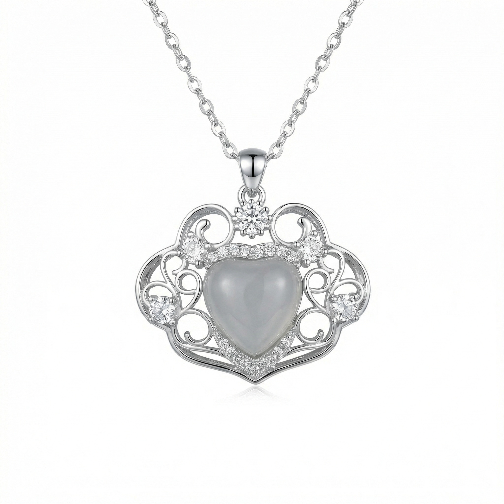 925 Sterling Silver Elegant Ornate Heart Pendant Silver Necklace with Moonstone and Sparkling Accents 
