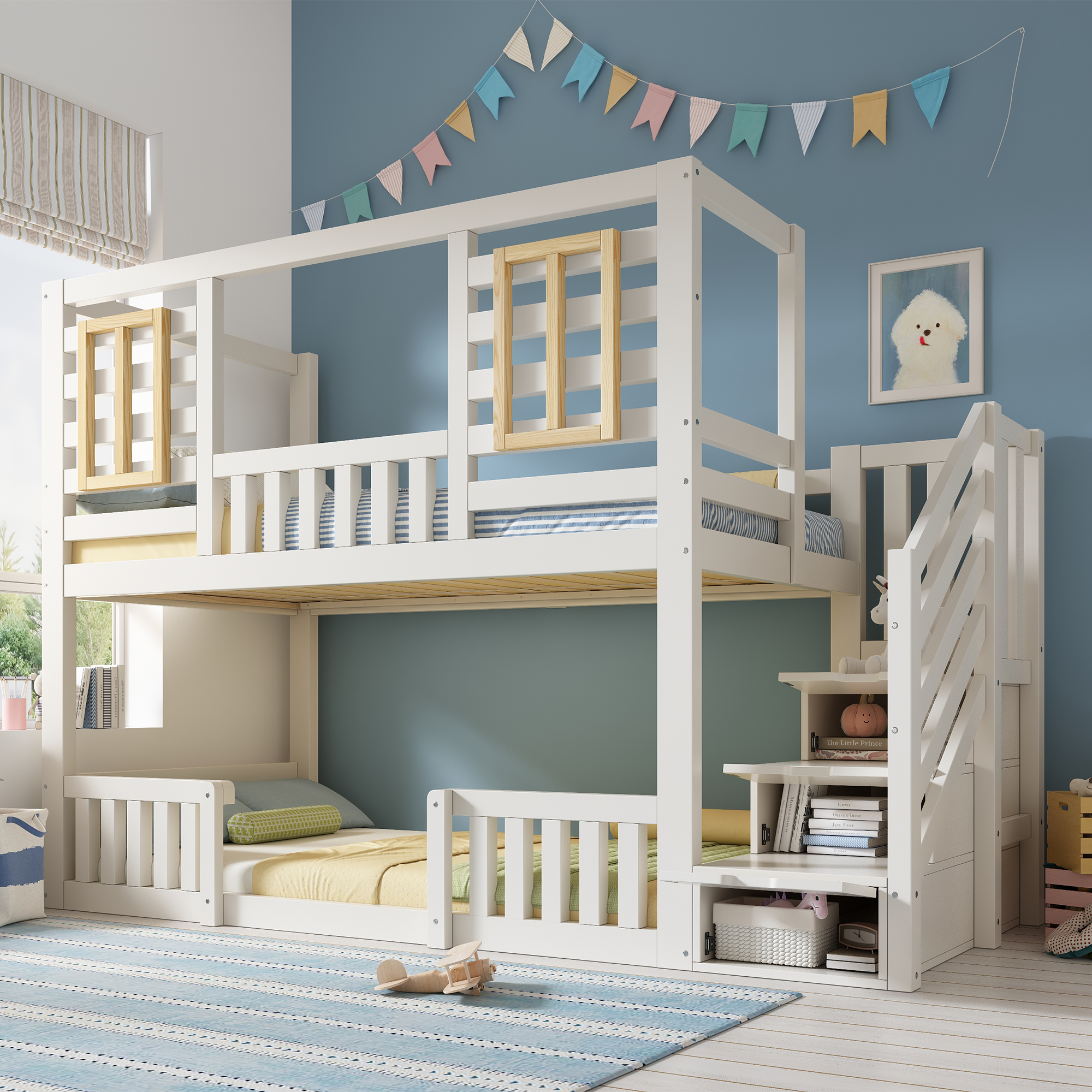 Bunk Beds For Kids, Wooden Cabin Bed With Staircase Storage, Multi-functional Tree-house Bed, Children's House Bed, Twin Sleeper  90 90  X 190 Cm, Solid Wood, White