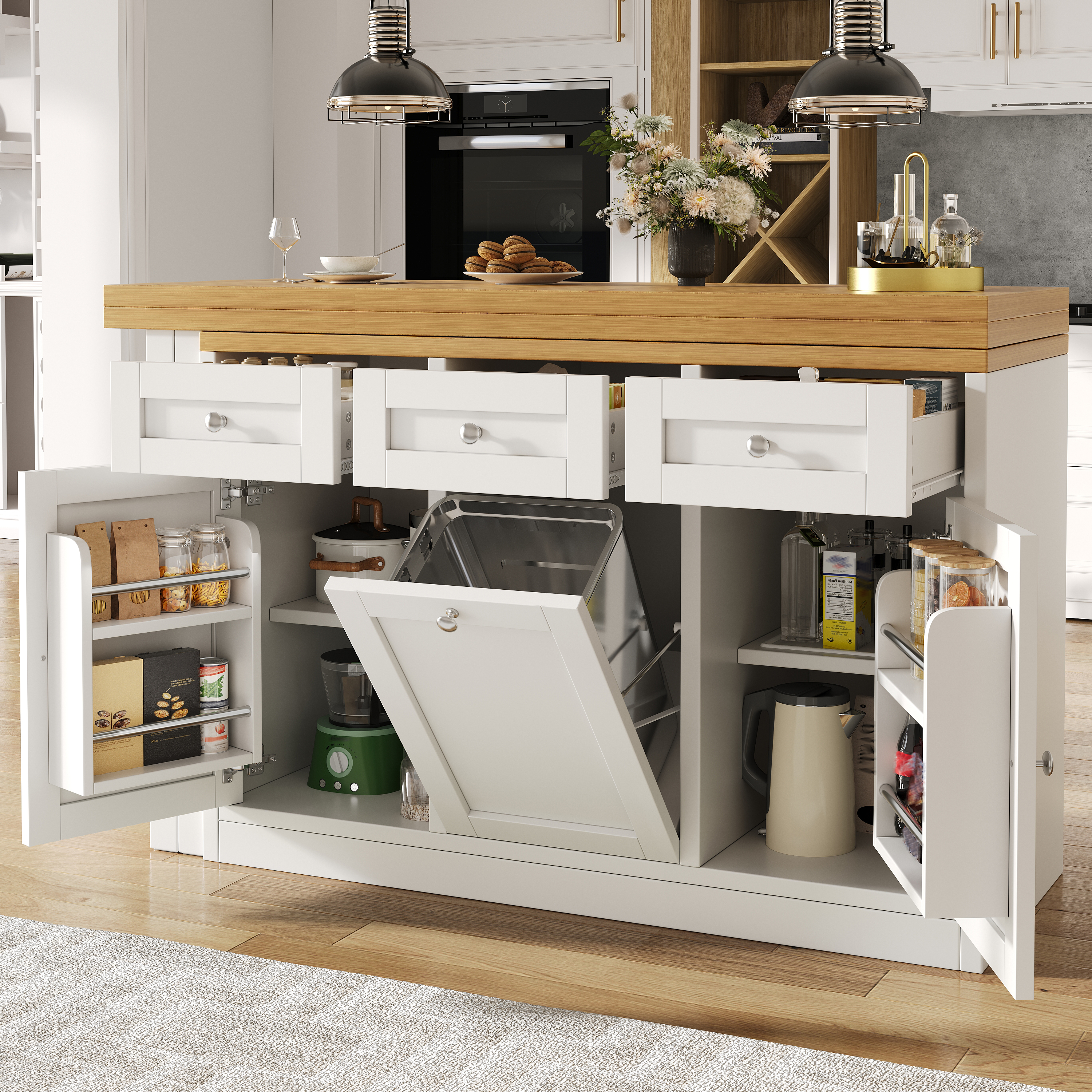 Extendable Bar Table With Storage Space, Fold Out Dining Table With Drawer And Snack Tray, Pull-out Bin Holder  Bin Not Included , Space-saving Design For Small Flats, Kitchens, Balconies,White