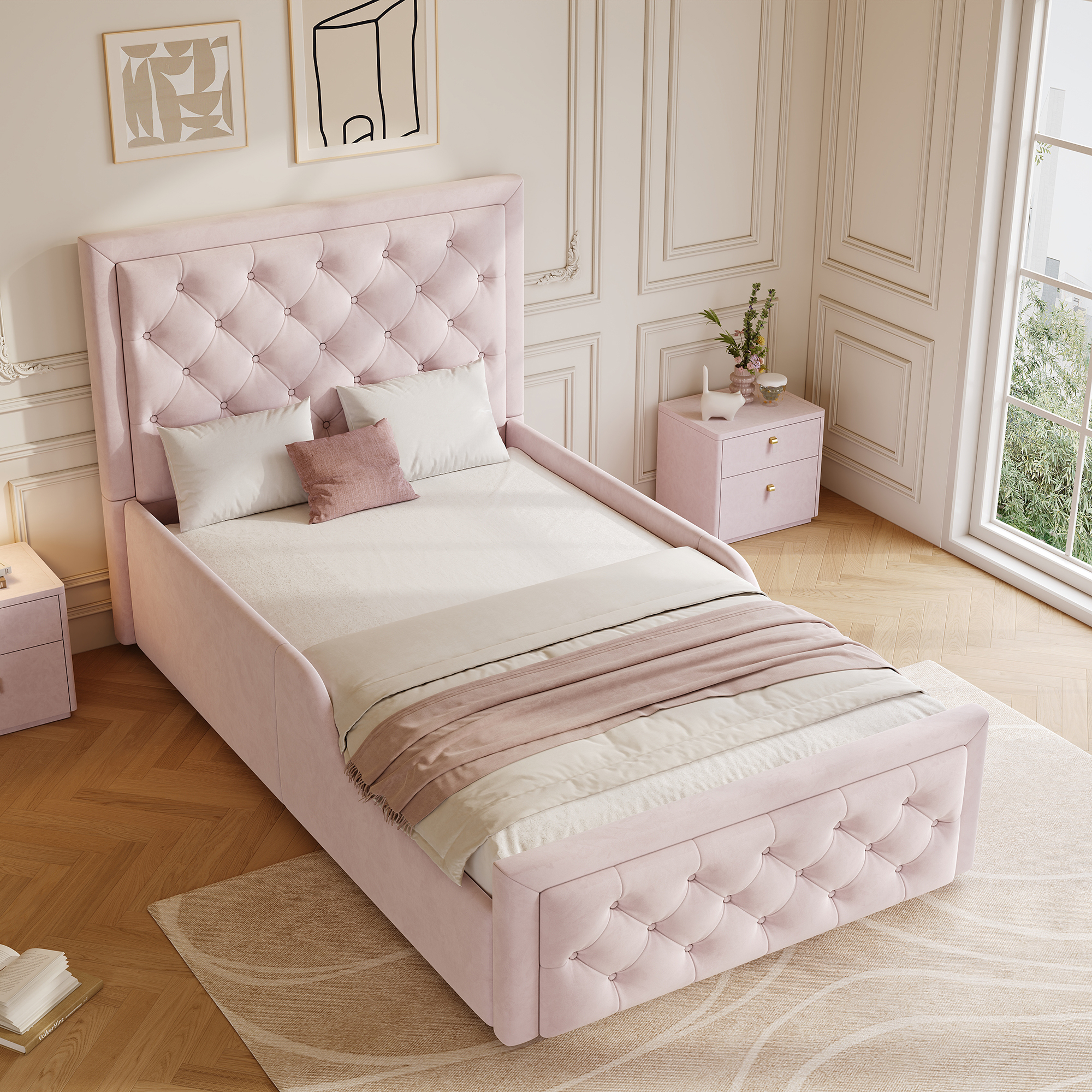 Upholstered Bed, Single Bed, Children's Bed, 3ft-90 X 190cm, Hydraulic Bed, Bed With Headboard And Large Storage Space, Upholstered Headboard, Pink, Velvet
