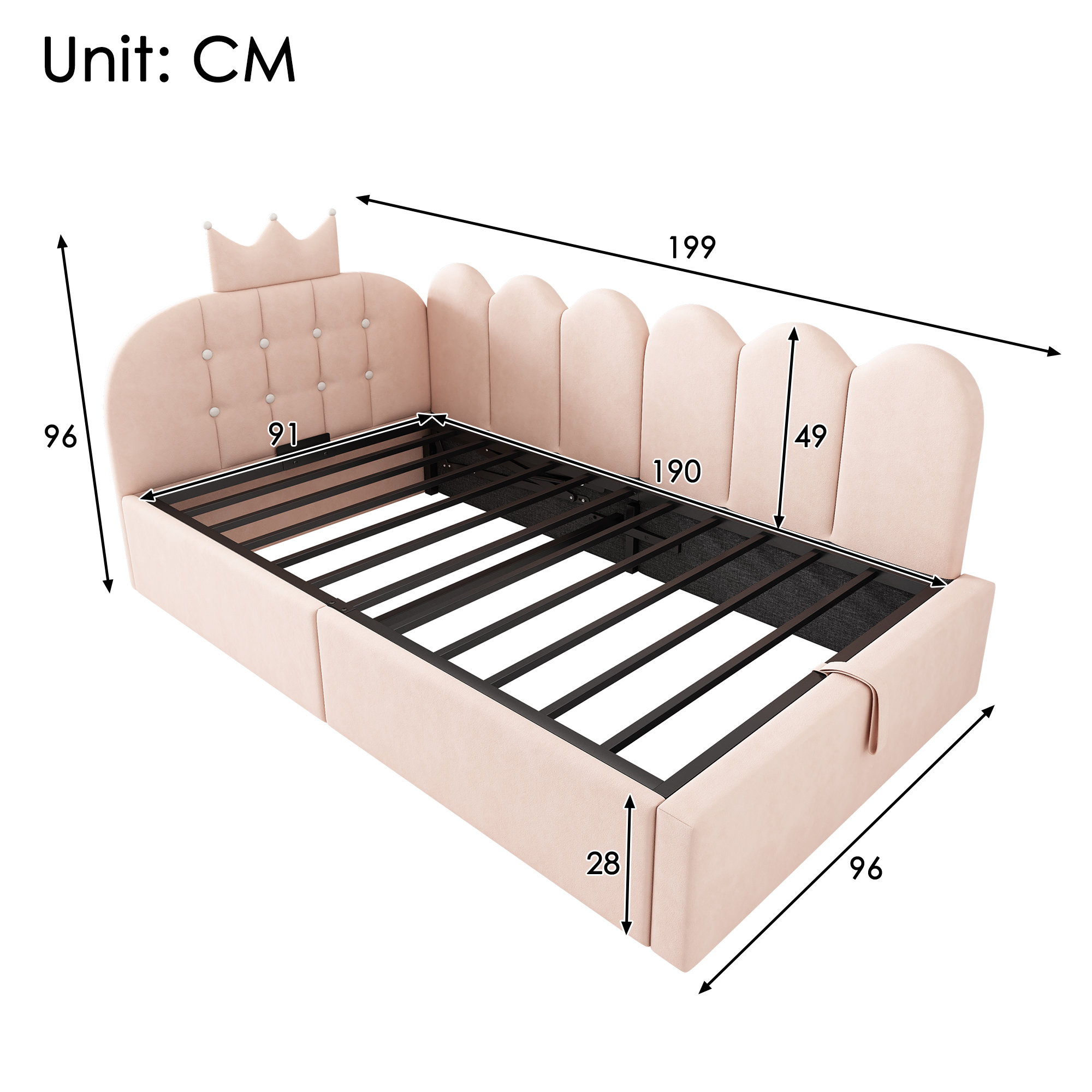 Upholstered Daybed With Hydraulic Storage, 3FT Single Sofa Bed 90 X 190 Cm, Crown-shaped Bed Guest Beds For Adults & Children, Velvet,  No Mattress