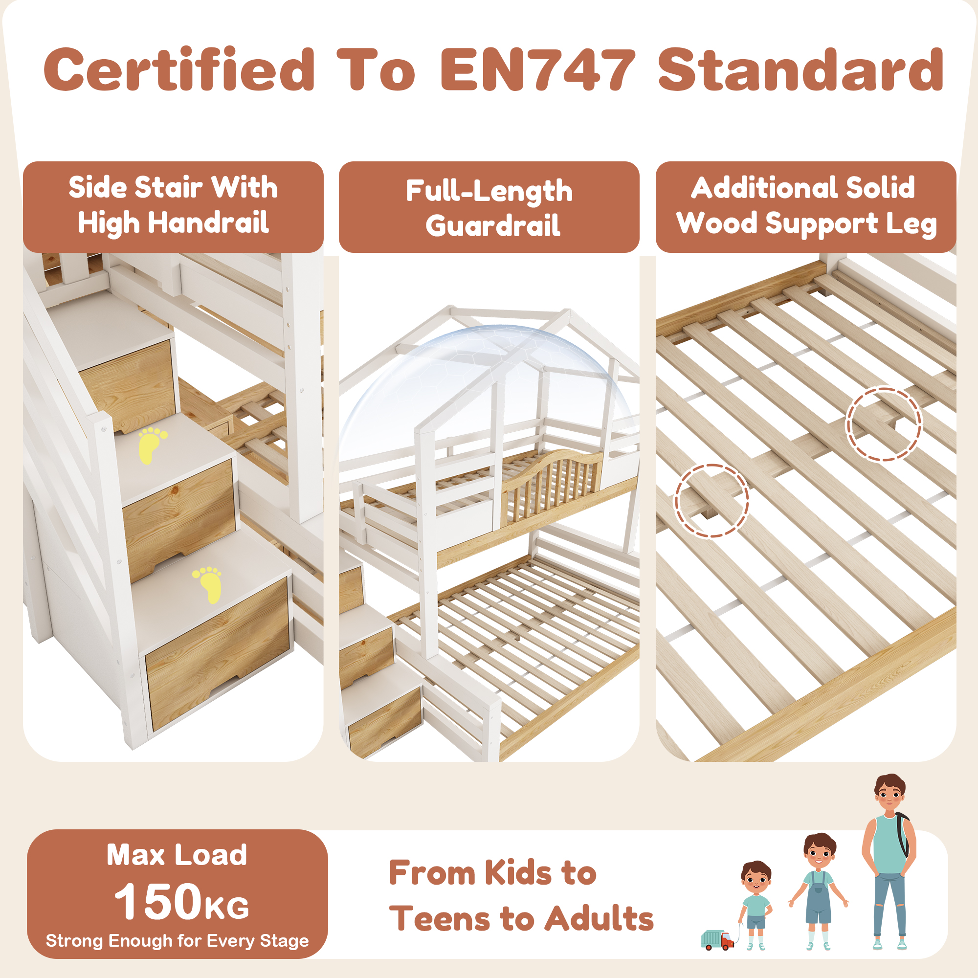 Bunk Beds For Kids, Staircase Bunk With Storage Space, Small House-shaped Children's Bed, Double Bunk Bed For Family With Multiple Children,  90 135  X 190 Cm, Solid Wood, White & Natural