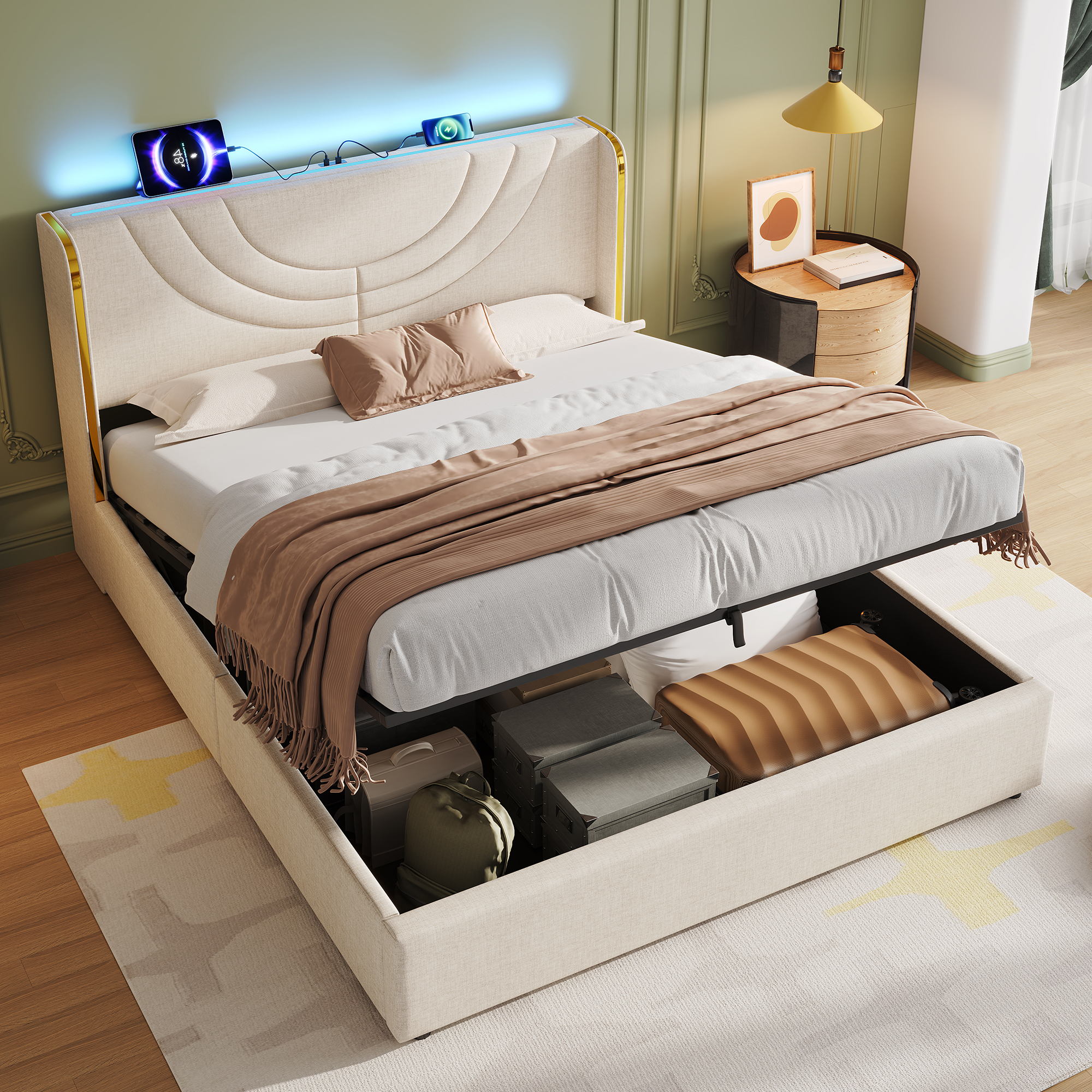 4ft6 Double Upholstered Bed Frame With Hydraulic Storage, LED Headboard With Charging Station And Chrome Trim, USB And Type-C Ports, Linen, No Box Spring Needed, Beige  No Mattress